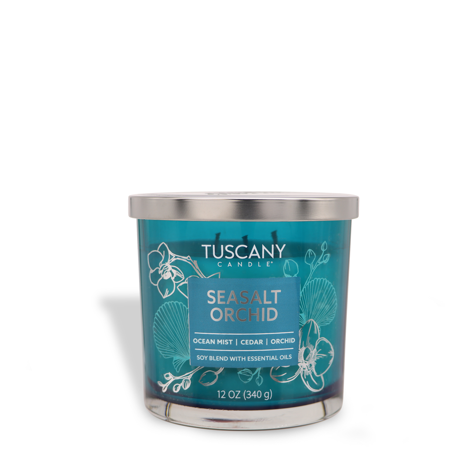 A 12 oz soy blend candle from Tuscany Candle® EVD's Painters' Palette Collection, named "Seasalt Orchid: Ocean Scented Jar Candle," embodies the scents of cedar and orchid with essential oils.