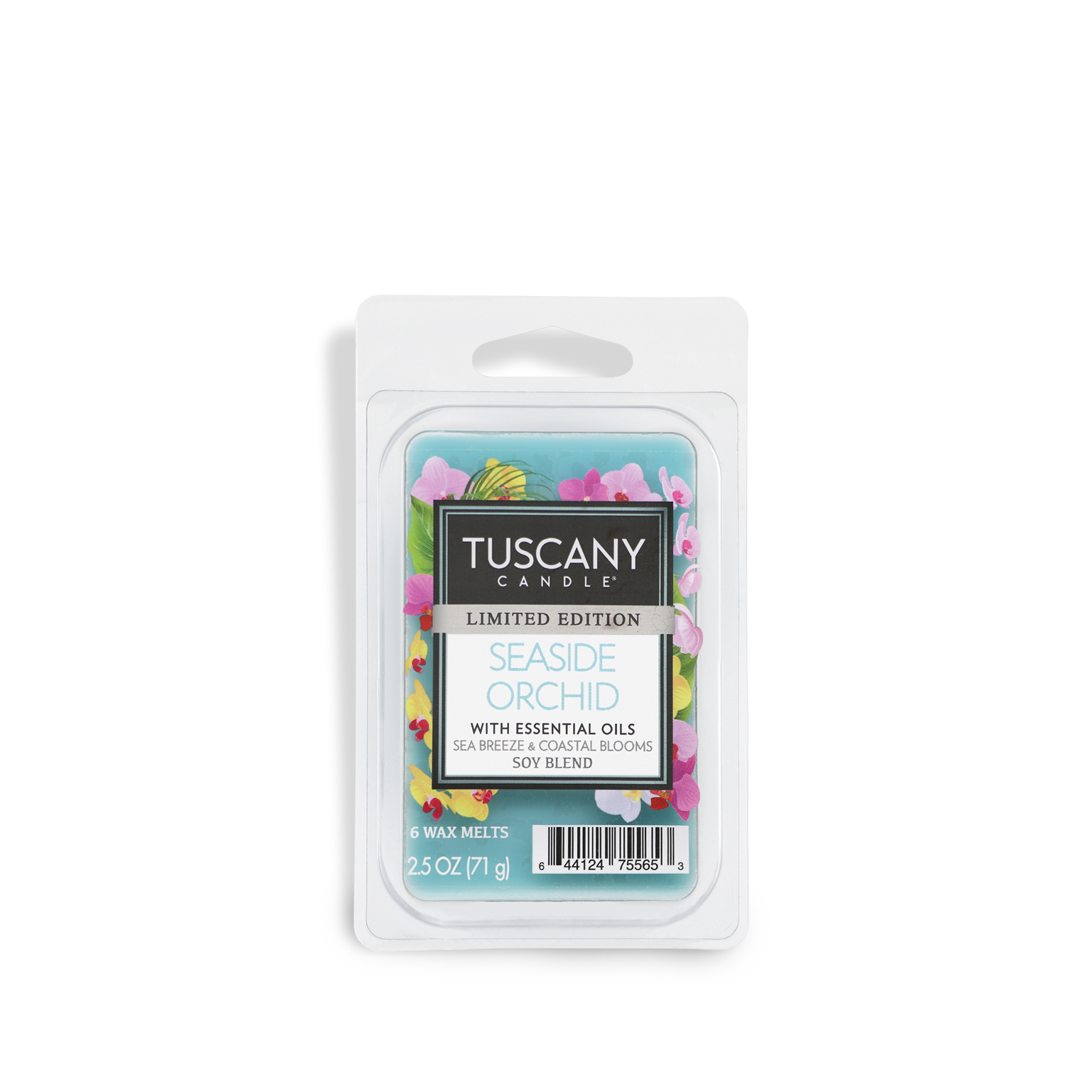 The Tuscany Candle® SEASONAL Seaside Orchid wax melt package weighs 2.5 oz and includes six melts with a sea breeze and coastal blooms scent.