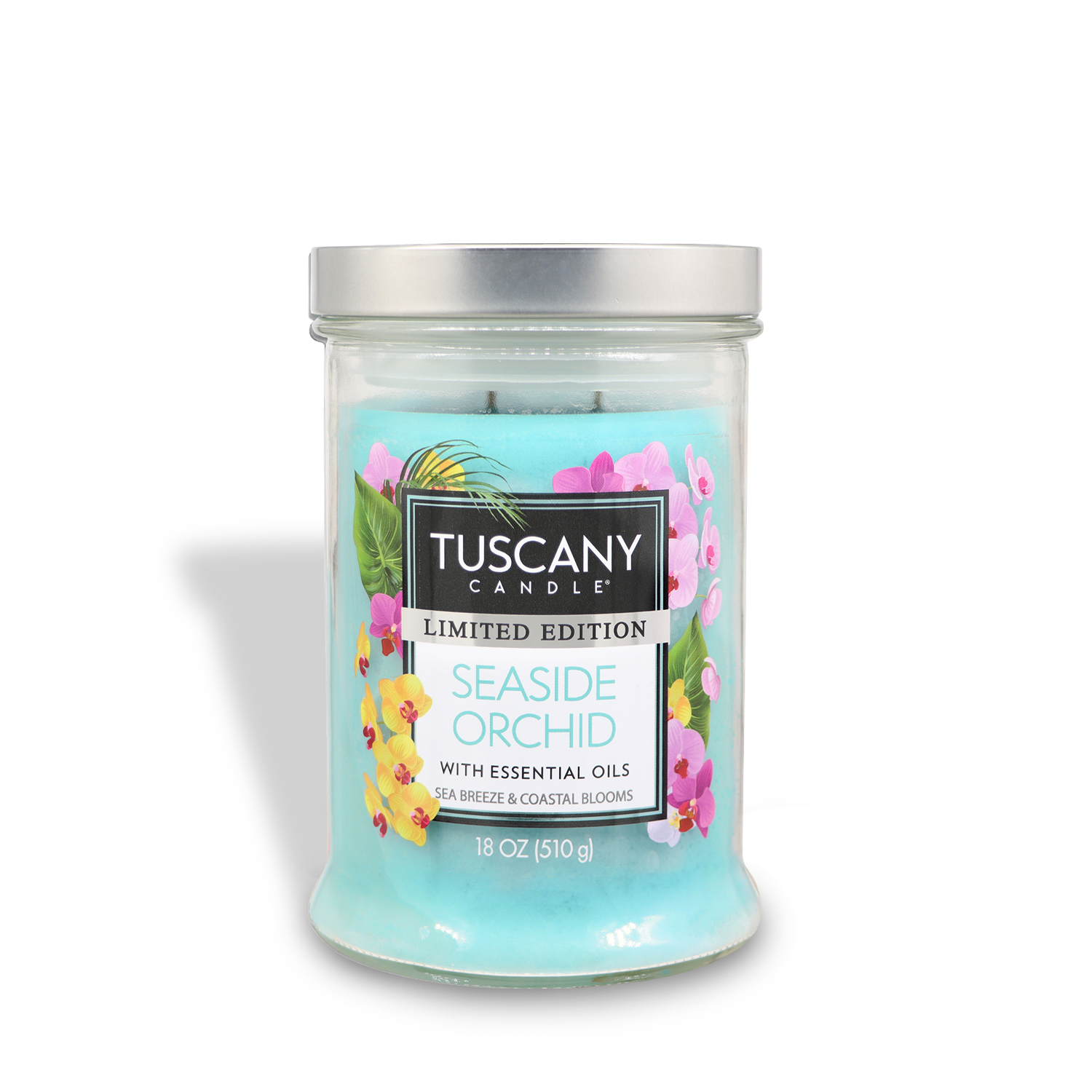 An 18 oz Tuscany Candle® SEASONAL Seaside Orchid: Coastal Scented Summer Candle, limited edition, with blue wax, a silver lid, and a floral label.