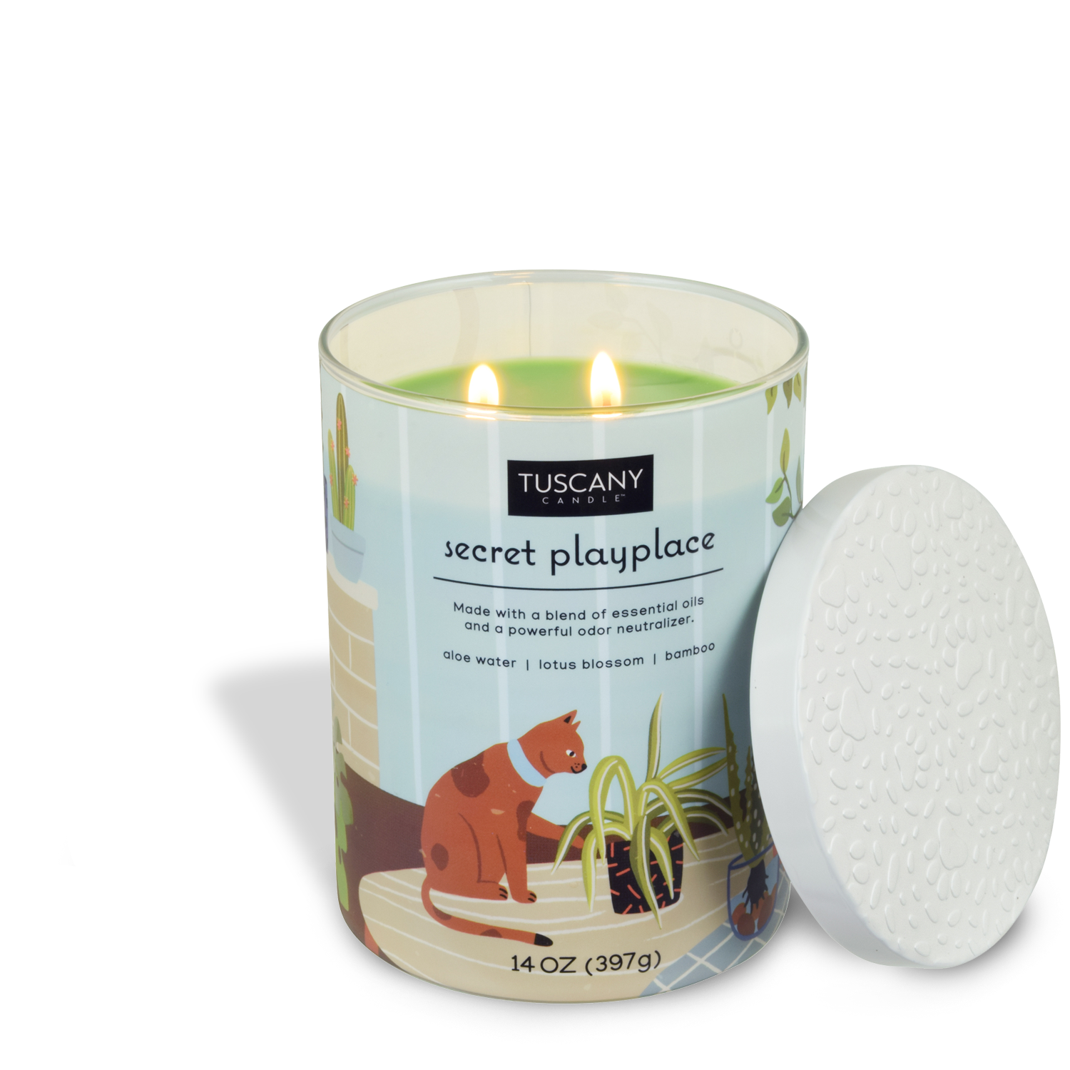 A Secret Playplace scented candle in a jar with the ability to neutralize pet odors - Tuscany Candle.