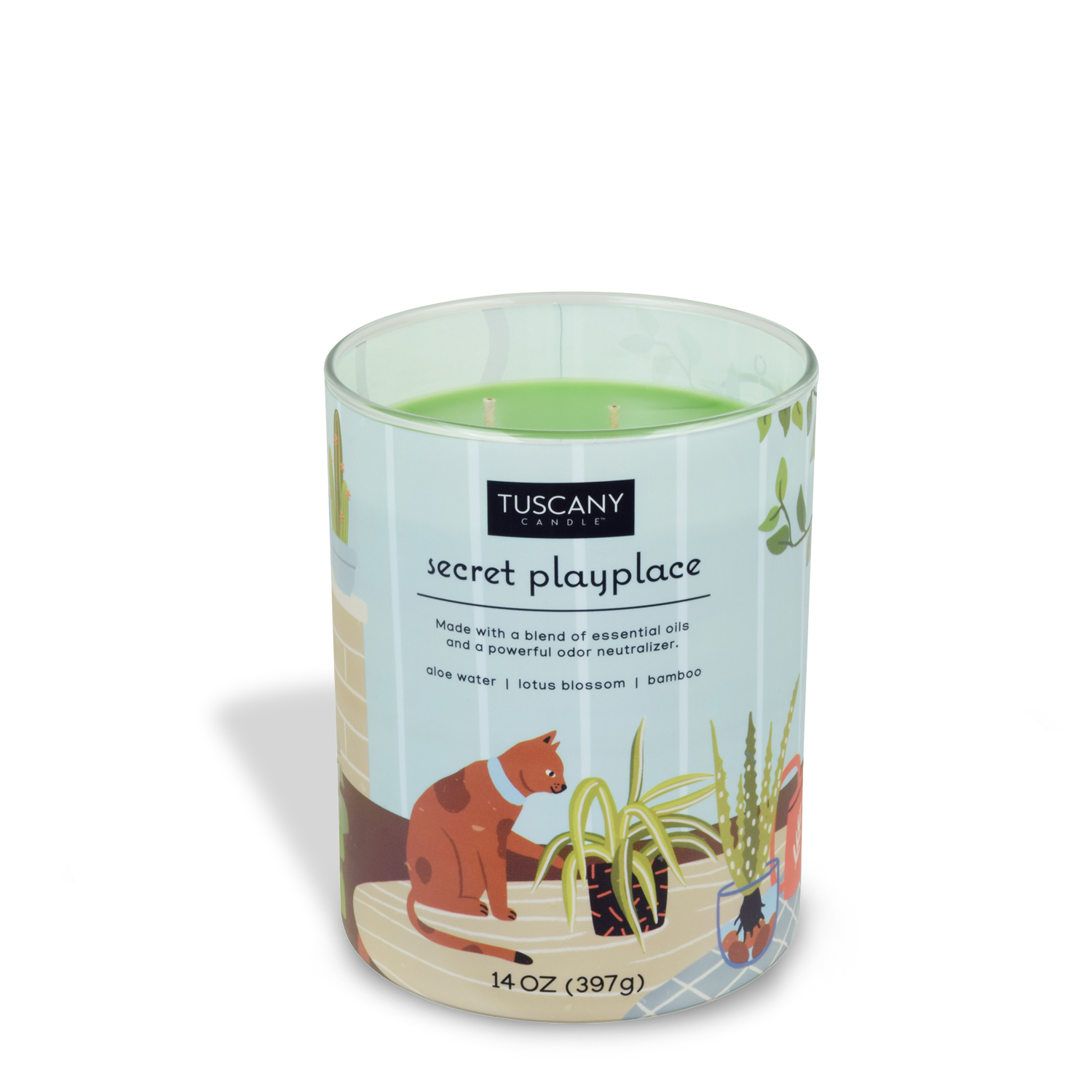 A Secret Playplace Scented Jar Candle (14 oz) from the Tuscany Candle brand, designed to neutralize pet odors using enzymes.