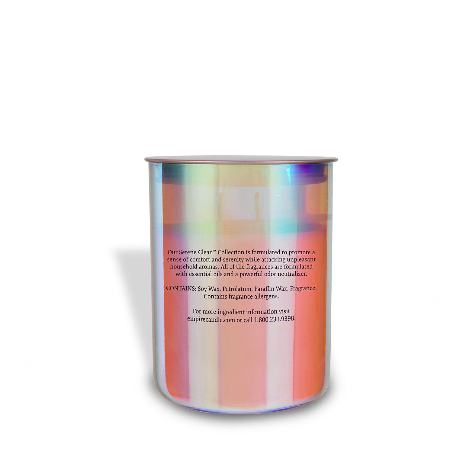 A tin container with an iridescent label on it, designed for a Beach Rose Scented Jar Candle (12 oz) from the Serene Clean Collection by Tuscany Candle® EVD.
