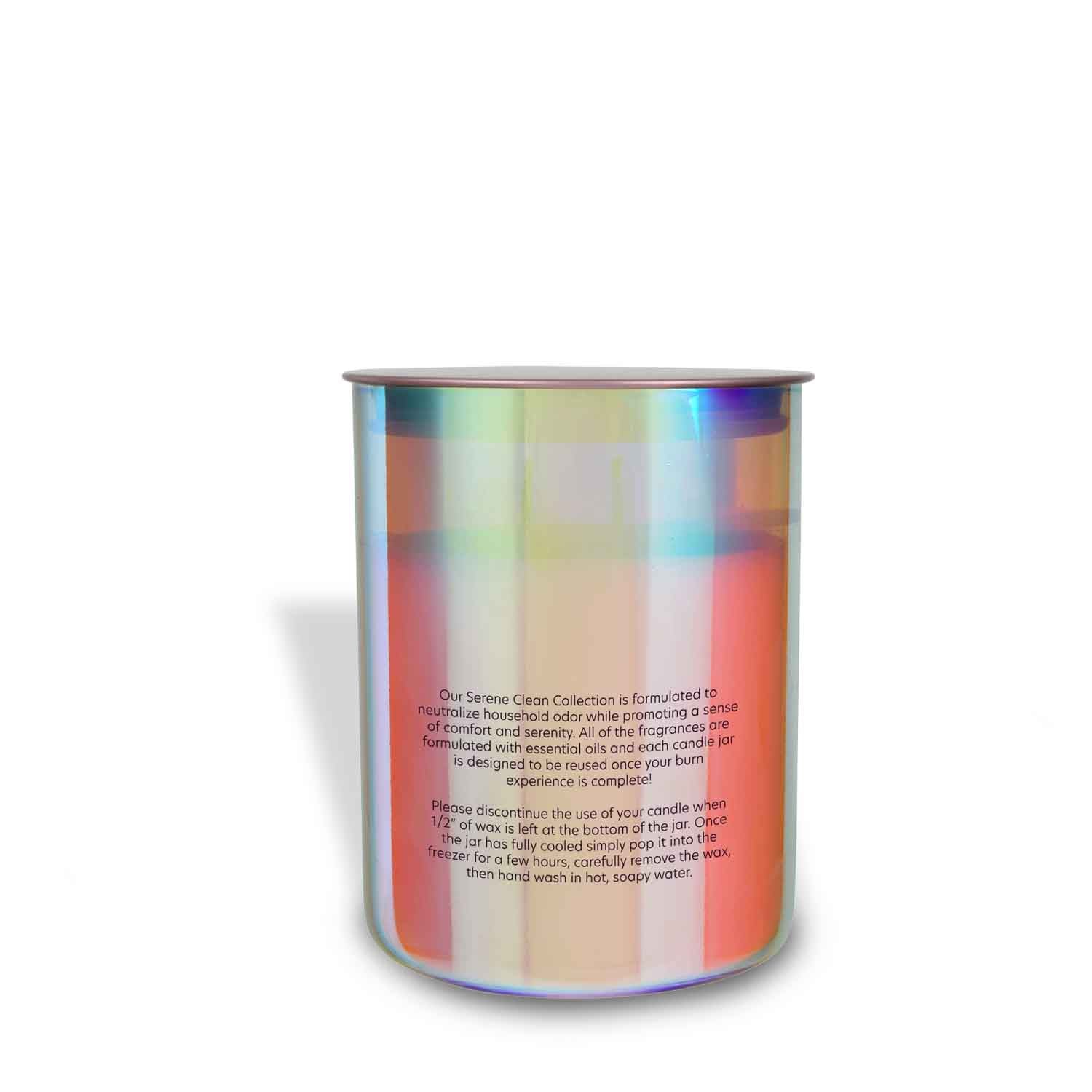 The Tuscany Candle® EVD Cucumber Mint Scented Jar Candle (12 oz) from the Serene Clean Collection features a colorful, aromatherapeutic design with an iridescent sheen, complete with scent details and safety instructions on the side.