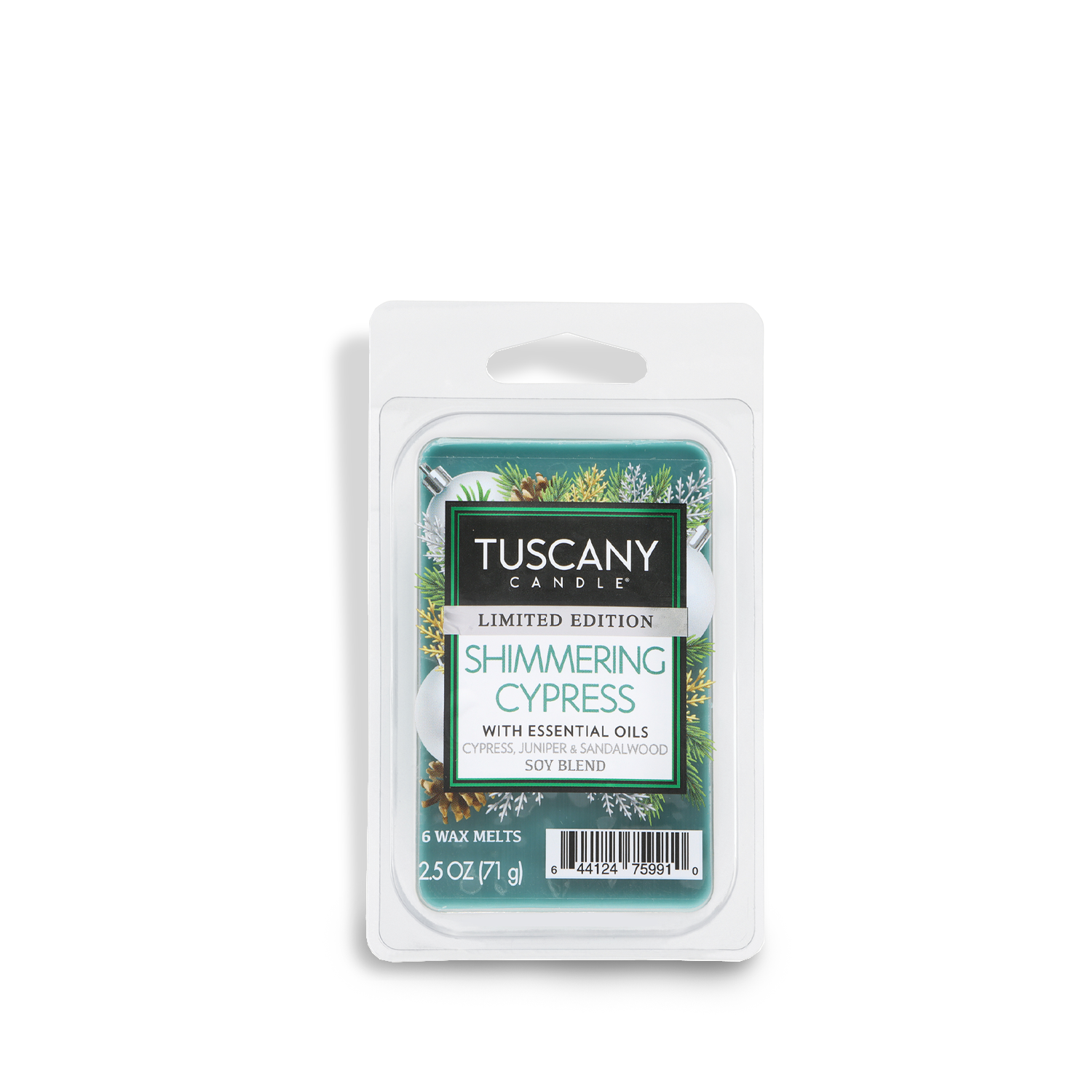 A 2.5 oz package of Tuscany Candle® SEASONAL Shimmering Cypress: Juniper & Sandalwood Scented Holiday Wax Melts, contains six melts with essential oils.