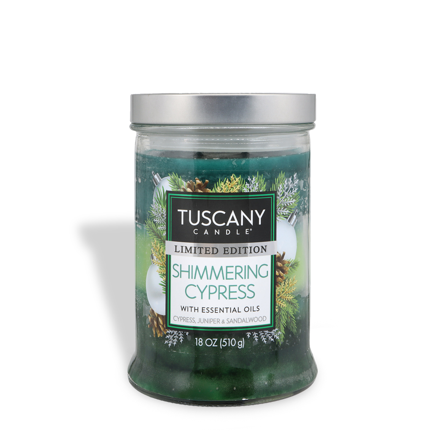 The Tuscany Candle® SEASONAL Shimmering Cypress: Juniper & Sandalwood Scented Holiday Candle (18 oz) is a glass jar candle with essential oils featuring cypress, juniper, and sandalwood notes.