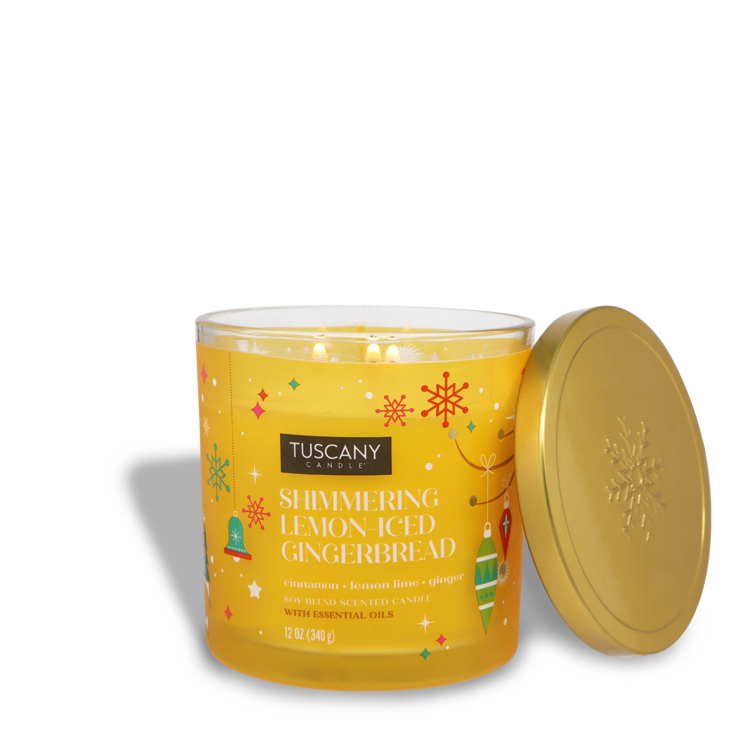 The "Shimmering Lemon Iced Gingerbread" scented jar candle from Tuscany Candle® SEASONAL is a yellow candle with a lid, featuring essential oils of cinnamon, lemon lime, and ginger.