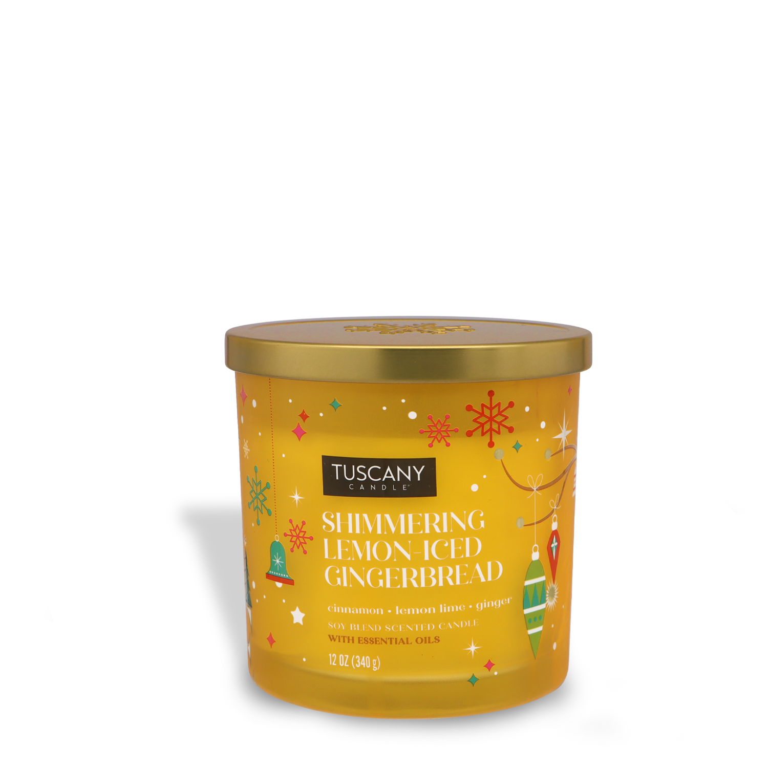 A 12 oz candle from Tuscany Candle® SEASONAL, named "Shimmering Lemon Iced Gingerbread," features a blend of cinnamon, lemon lime, and ginger essential oils. Its jar is adorned with festive holiday ornaments.