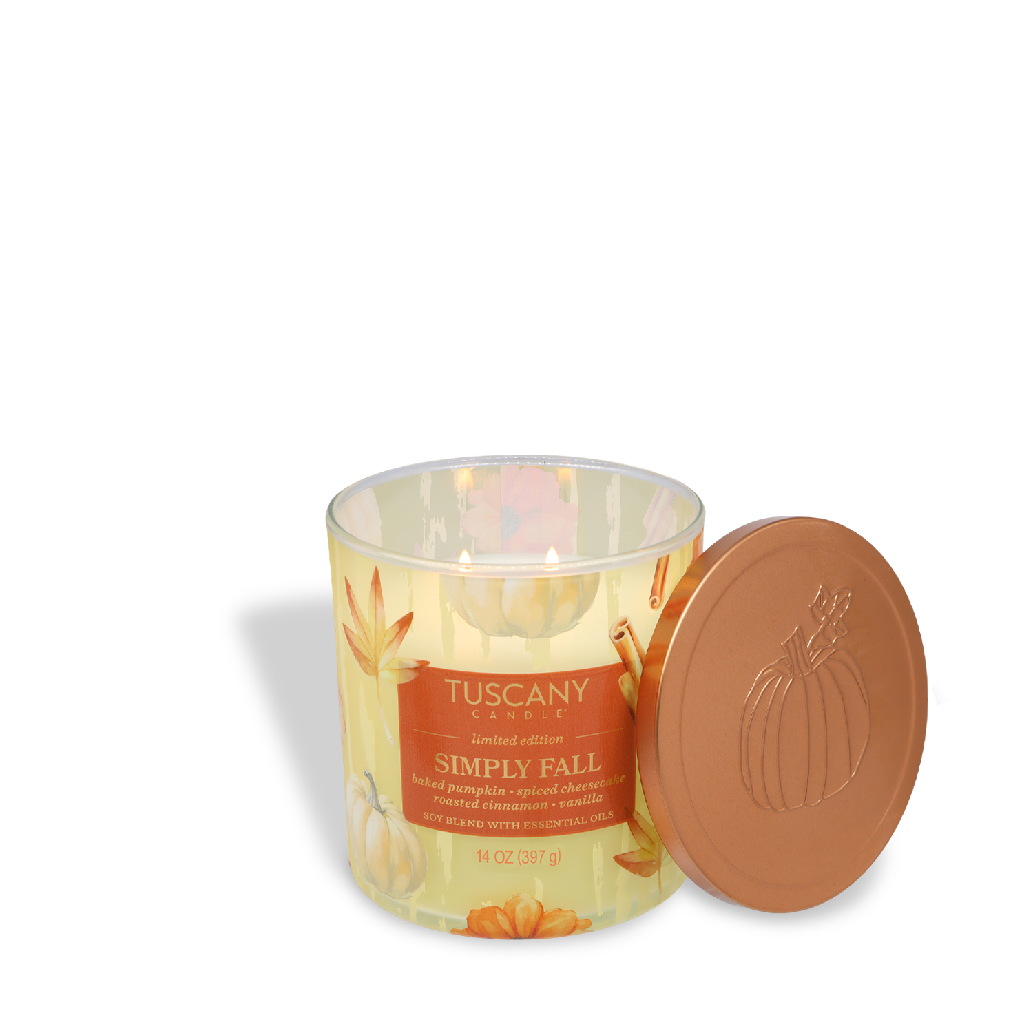 A Tuscany Candle® SEASONAL Simply Fall: Spiced Pumpkin & Cheesecake Scented Fall Candle (14 oz) in a glass jar with fall designs and a pumpkin-embossed copper lid from the Simply Fall Collection.