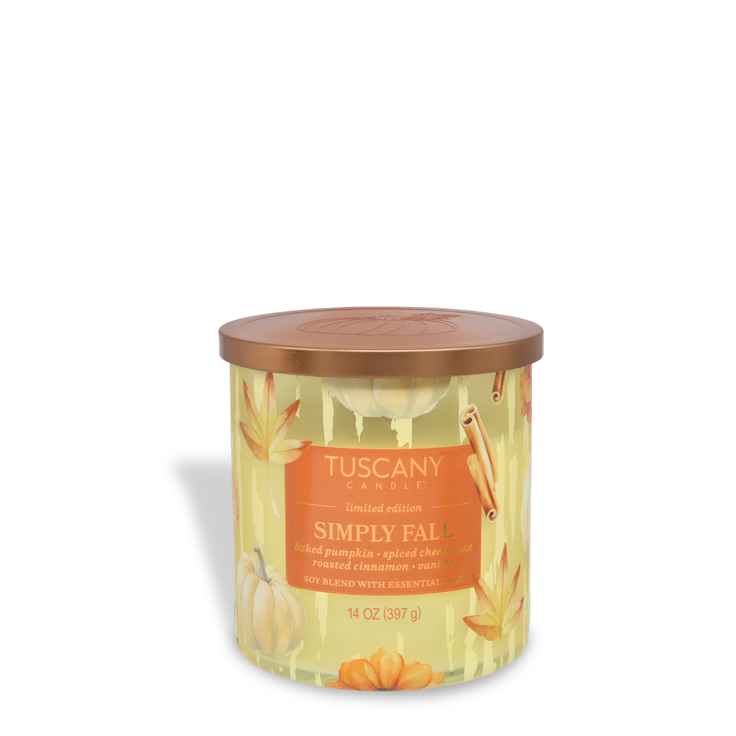 A 14 oz Tuscany Candle® SEASONAL "Simply Fall: Spiced Pumpkin & Cheesecake" candle with autumn graphics and brown lid, featuring cozy fall scents from the Simply Fall Collection.