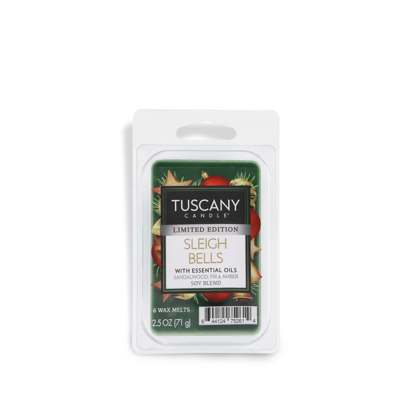 A limited edition 2.5 oz pack of Tuscany Candle® SEASONAL Sleigh Bells Scented Wax Melt features a blend of essential oils including sandalwood, fir, and amber. The clear packaging is adorned with festive decorations.