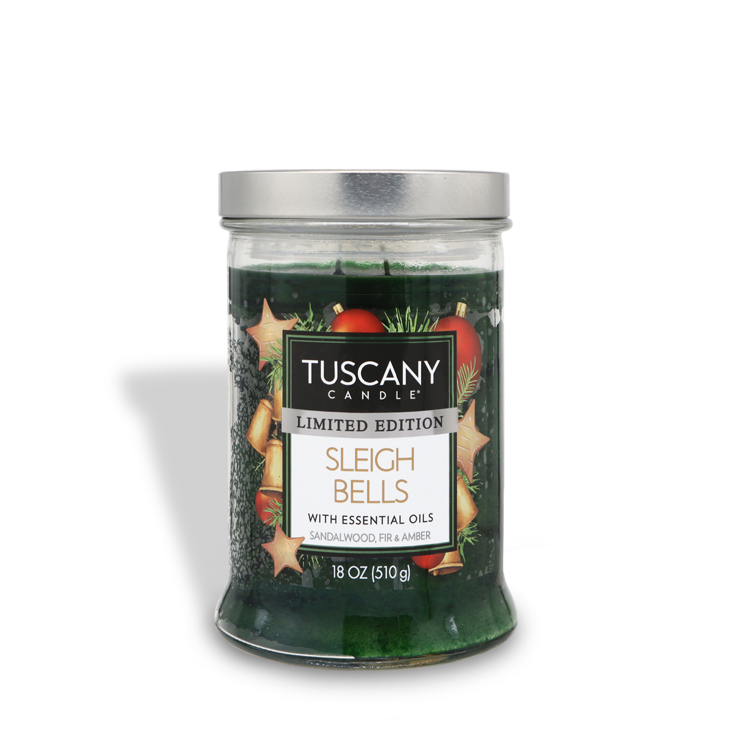 A Tuscany Candle® SEASONAL "Sleigh Bells Long-Lasting Scented Jar Candle" combines essential oils of sandalwood, fir, and amber in an 18 oz (510 g) jar with a festive design.