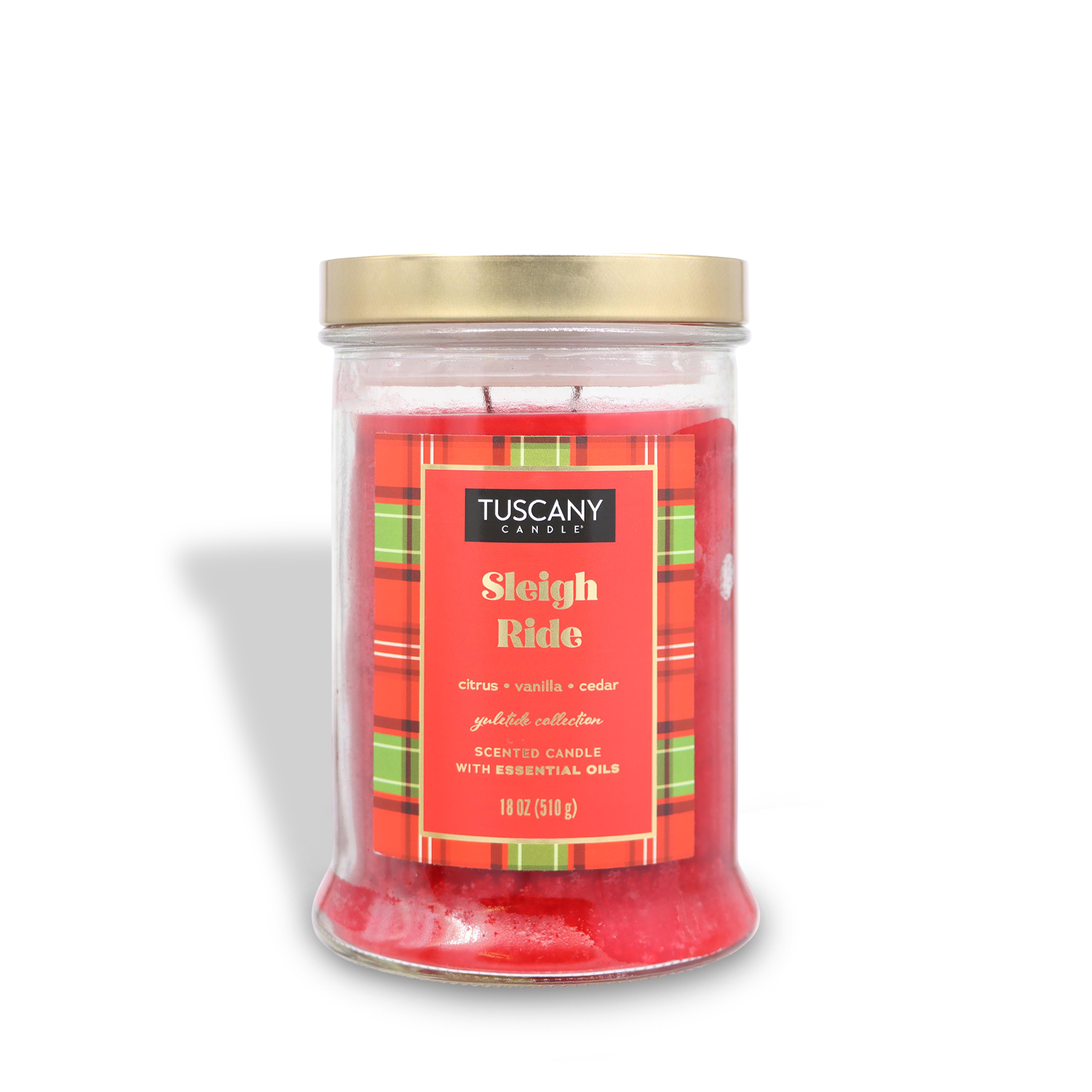 Tuscany Candle® SEASONAL presents the "Sleigh Ride Scented Jar Candle" from the Winter Flannels Collection, featuring a blend of citrus, vanilla, and cedar notes in an 18 oz glass jar with a gold lid.