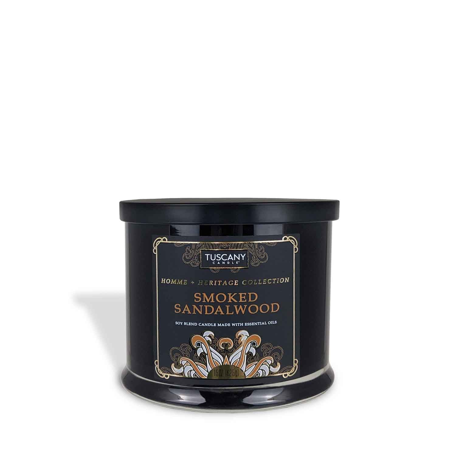 A masculine black tin with a Smoked Sandalwood scented jar candle (15 oz) from the Homme + Heritage Collection by Tuscany Candle in it.