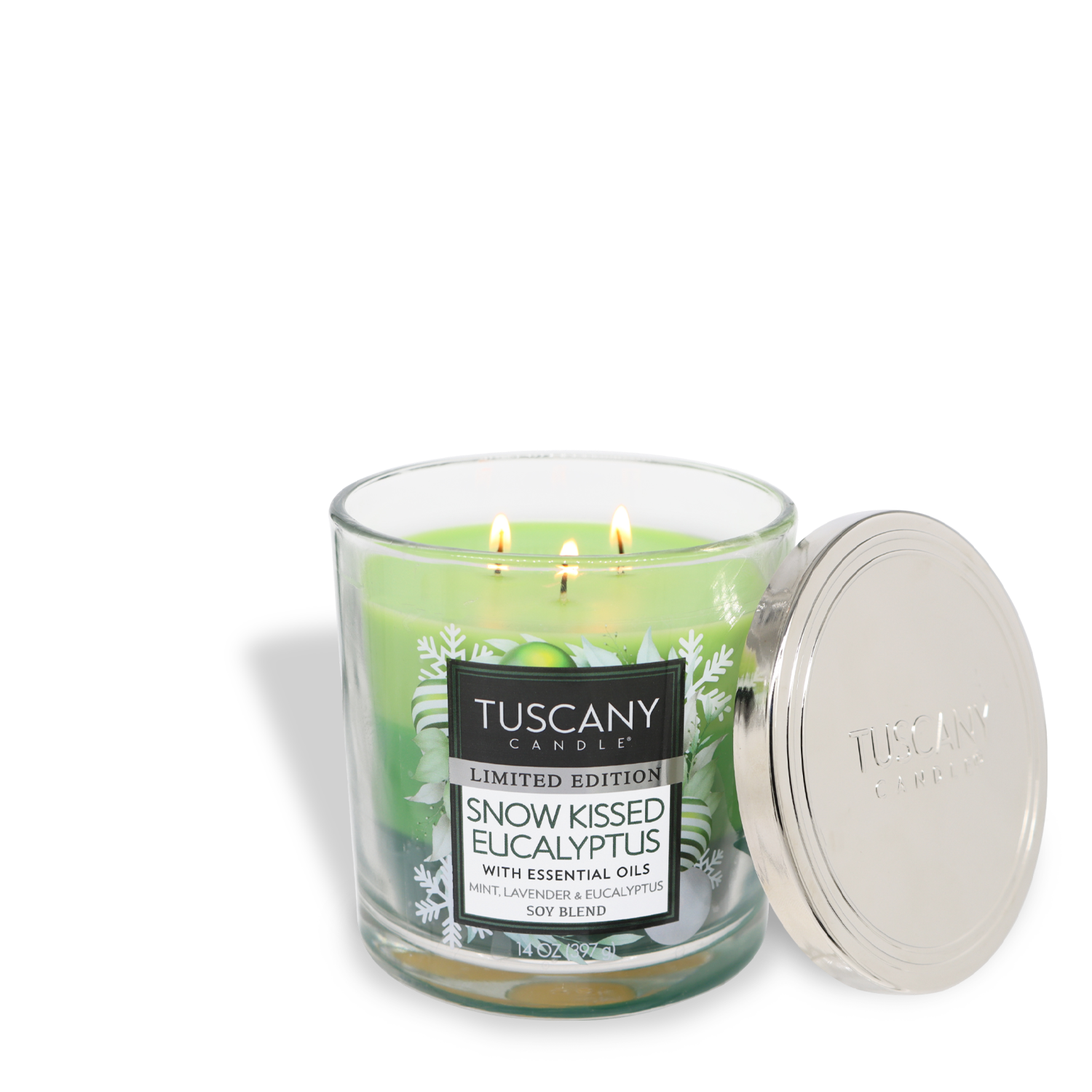 A three-wick Tuscany Candle® SEASONAL labeled "Snow Kissed Eucalyptus Long-Lasting Scented Jar Candle (14 oz)," with the lid placed beside it. The candle is lit and housed in a clear glass jar.