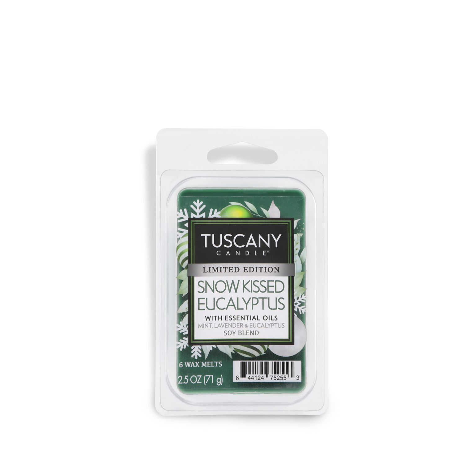 A package of Tuscany Candle® SEASONAL Snow Kissed Eucalyptus Scented Wax Melt, with essential oils of mint, lavender, and eucalyptus. The package contains six wax melts weighing 2.5 ounces (71 grams).