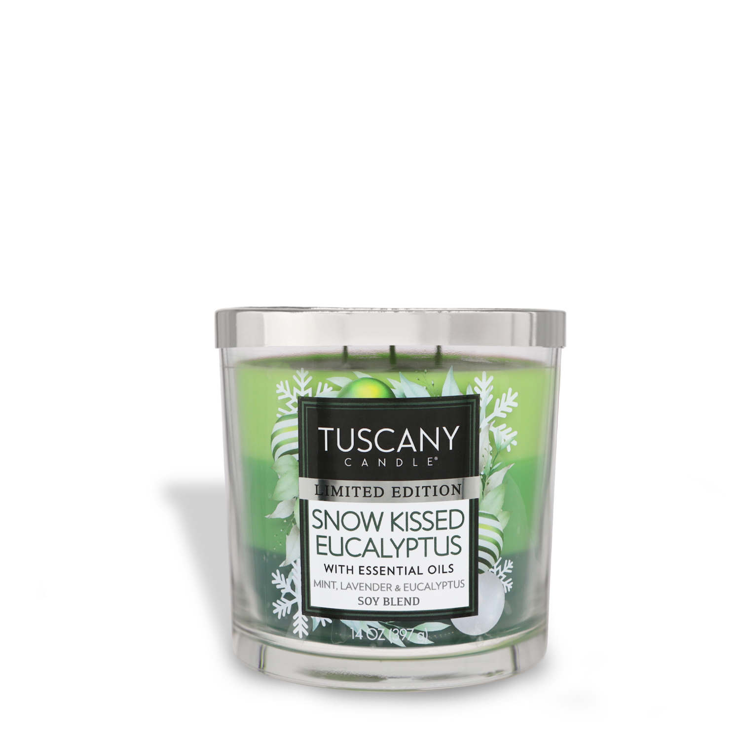 A Snow Kissed Eucalyptus Long-Lasting Scented Jar Candle (14 oz) from Tuscany Candle® SEASONAL, featuring a green candle adorned with white snowflake decorations in a transparent glass container and labeled "Limited Edition.