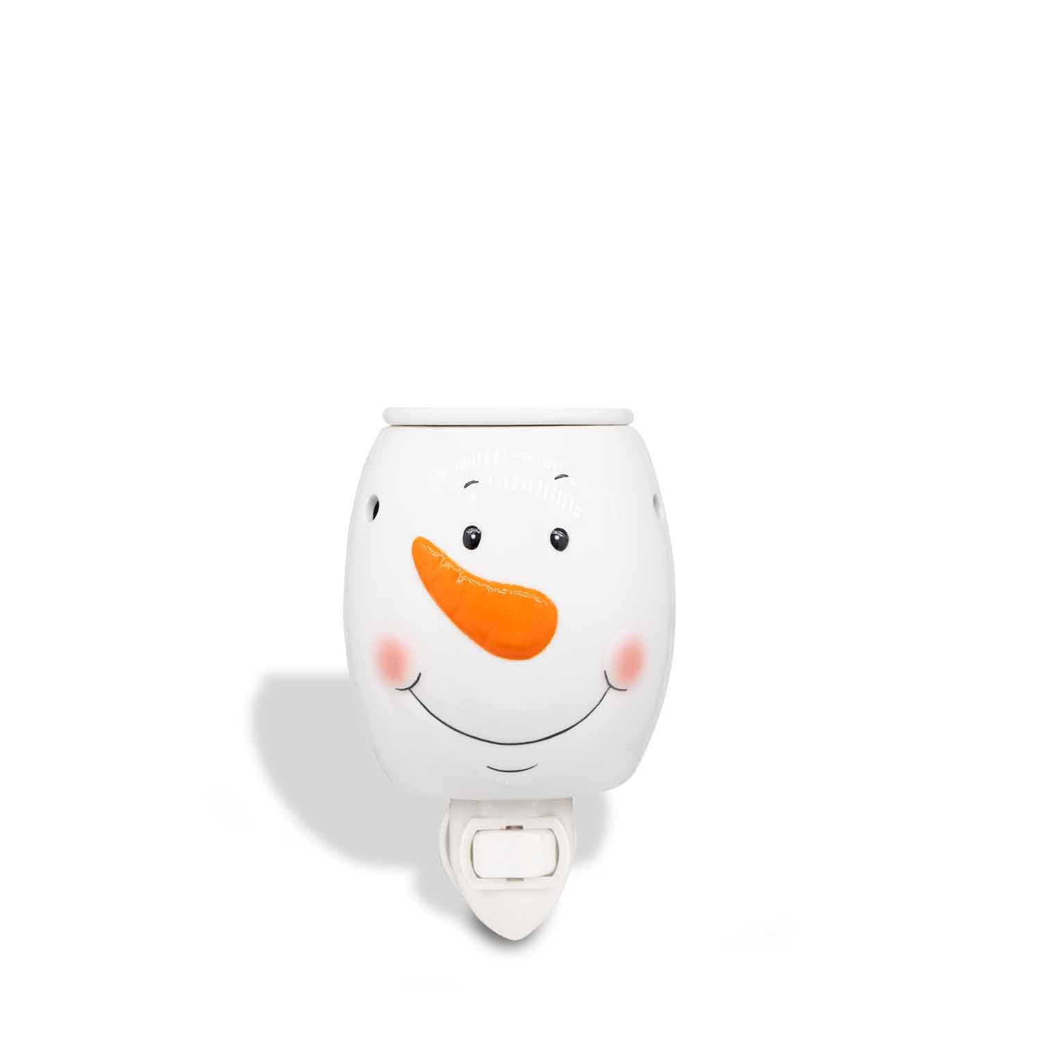 A Snowman Outlet Wax Melt Warmer by Tuscany Candle, shaped night light on a white background.