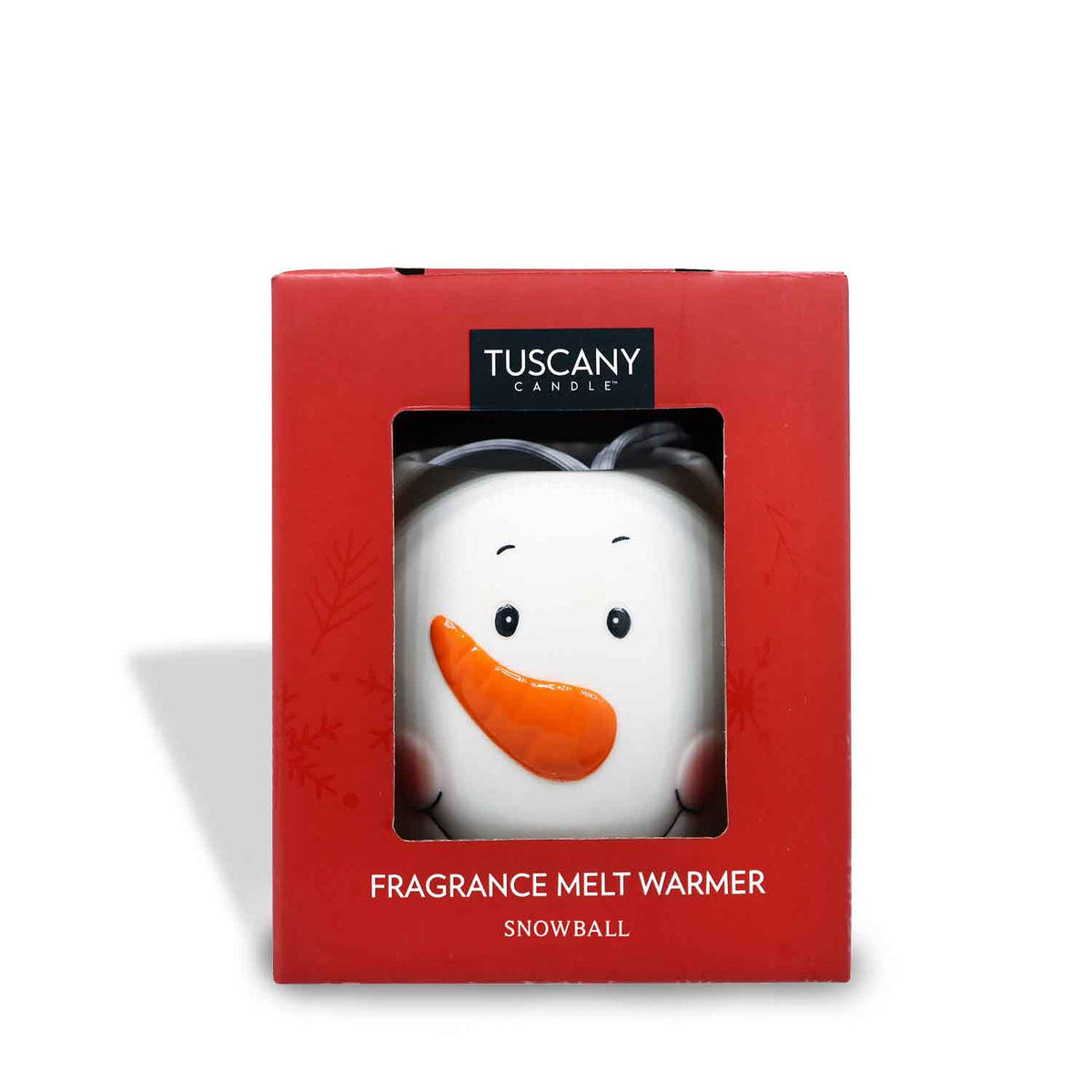 Tuscany Candle® SEASONAL Snowman Wax Melt Warmer packaged inside its red retail box.