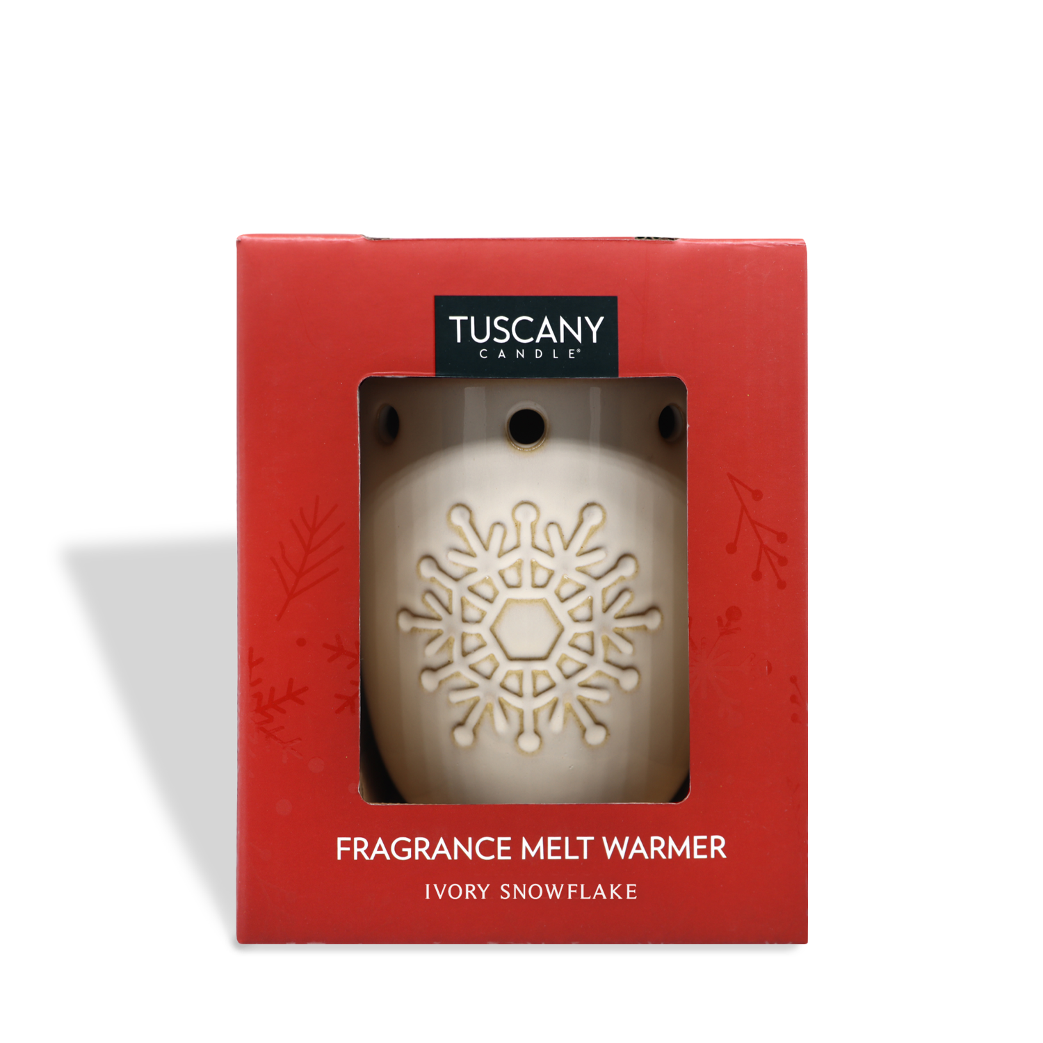 Tuscany Candle® SEASONAL Snowflake Wax Melt Warmer, featuring an ivory snowflake design, presented in elegant red packaging.