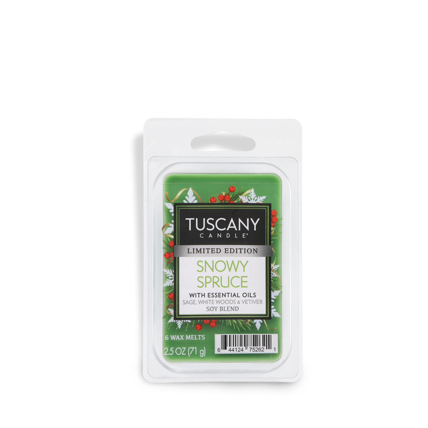 A package of Tuscany Candle® SEASONAL Snowy Spruce Scented Wax Melts contains 2.5 oz (71 g) of wax melts and features a blend of essential oils, including sage, white woods, and vetiver.