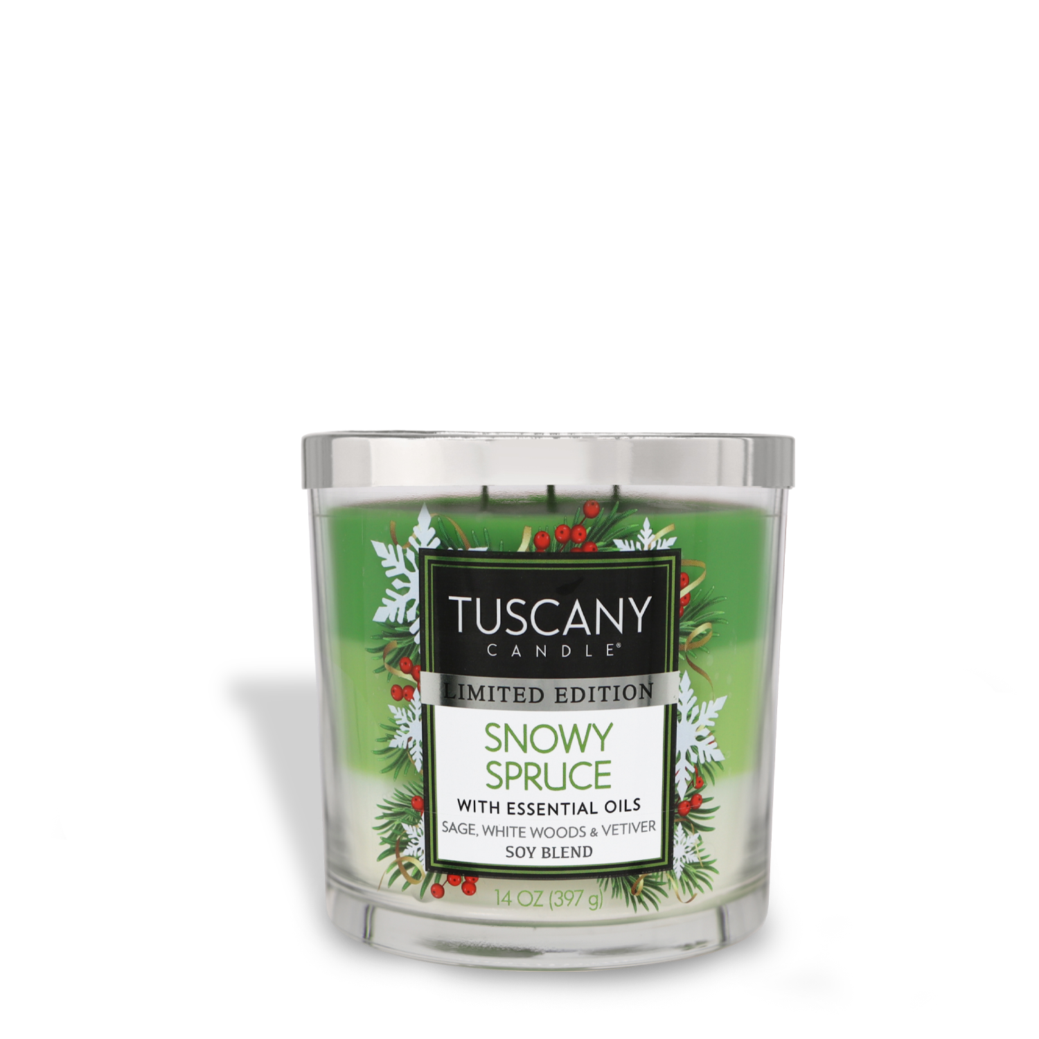 A 14 oz. jar candle by Tuscany Candle® SEASONAL, labeled "Snowy Spruce Long-Lasting Scented Jar Candle," made with a soy blend and essential oils, featuring sage, white woods, and vetiver scents.