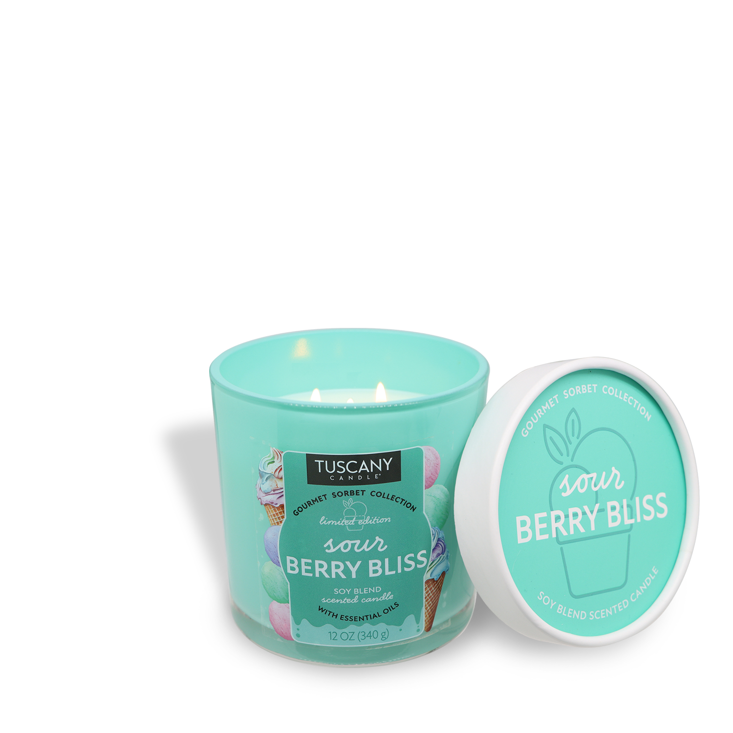 The Tuscany Candle® SEASONAL "Sour Berry Bliss: Blue Raspberry Scented Candle" (12 oz) from the Gourmet Sorbet Collection features a vibrant turquoise hue and a matching lid, perfect for summer.