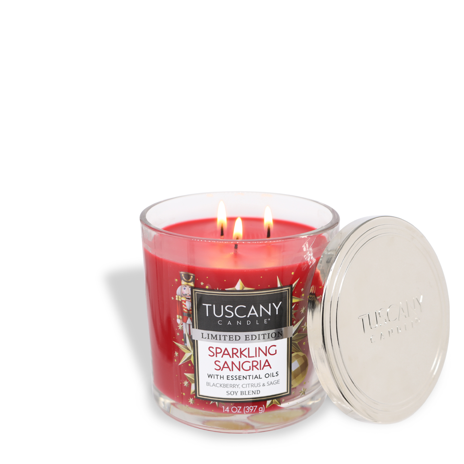 The Sparkling Sangria Long-Lasting Scented Jar Candle (14 oz) from Tuscany Candle® SEASONAL, a limited edition with essential oils, is lit with three wicks and has its lid placed beside it.