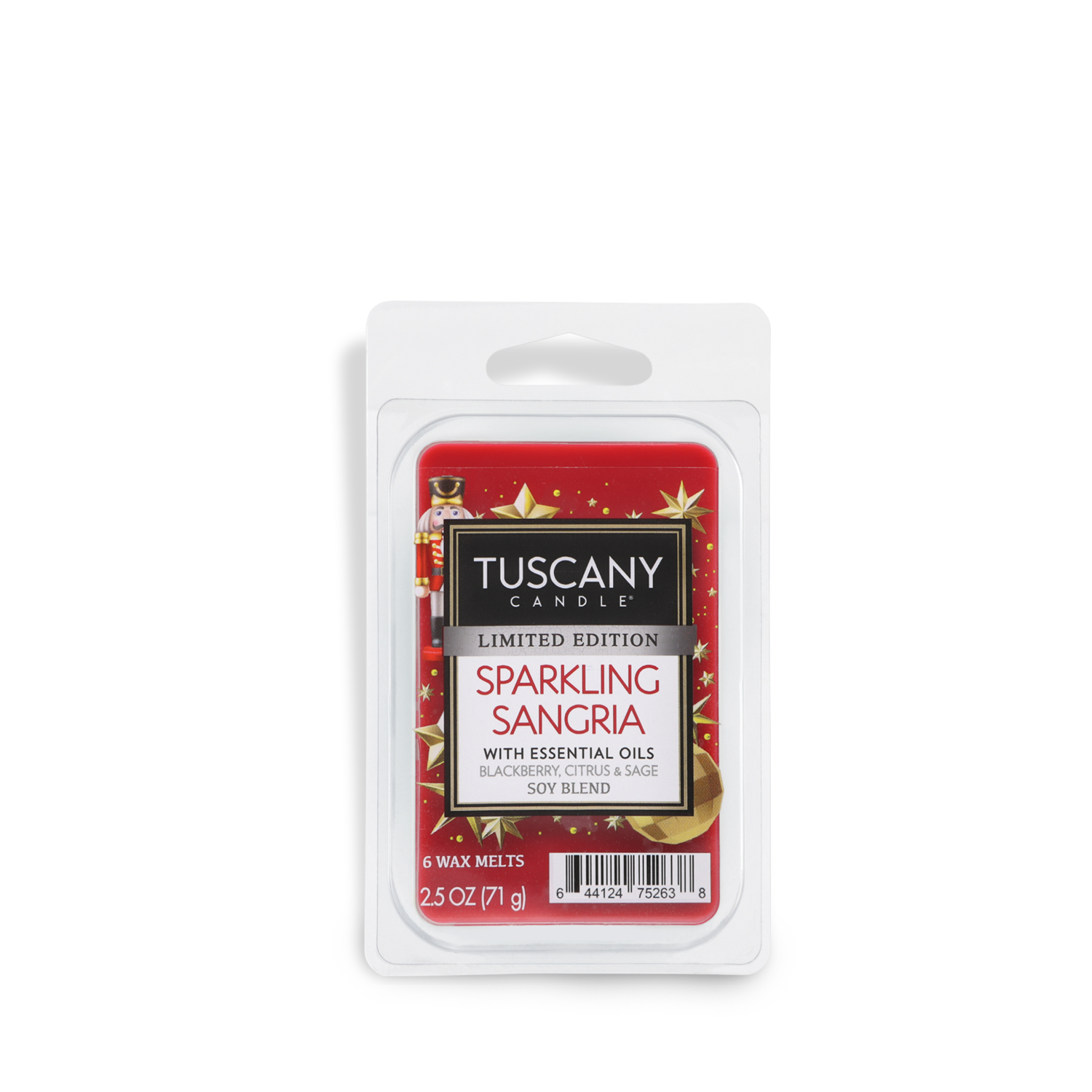 A pack of Tuscany Candle® SEASONAL Sparkling Sangria Scented Wax Melt, labeled "Limited Edition," contains six wax melts infused with essential oils of blackberry, citrus, and sage. The package weighs 2.5 oz (71 g).