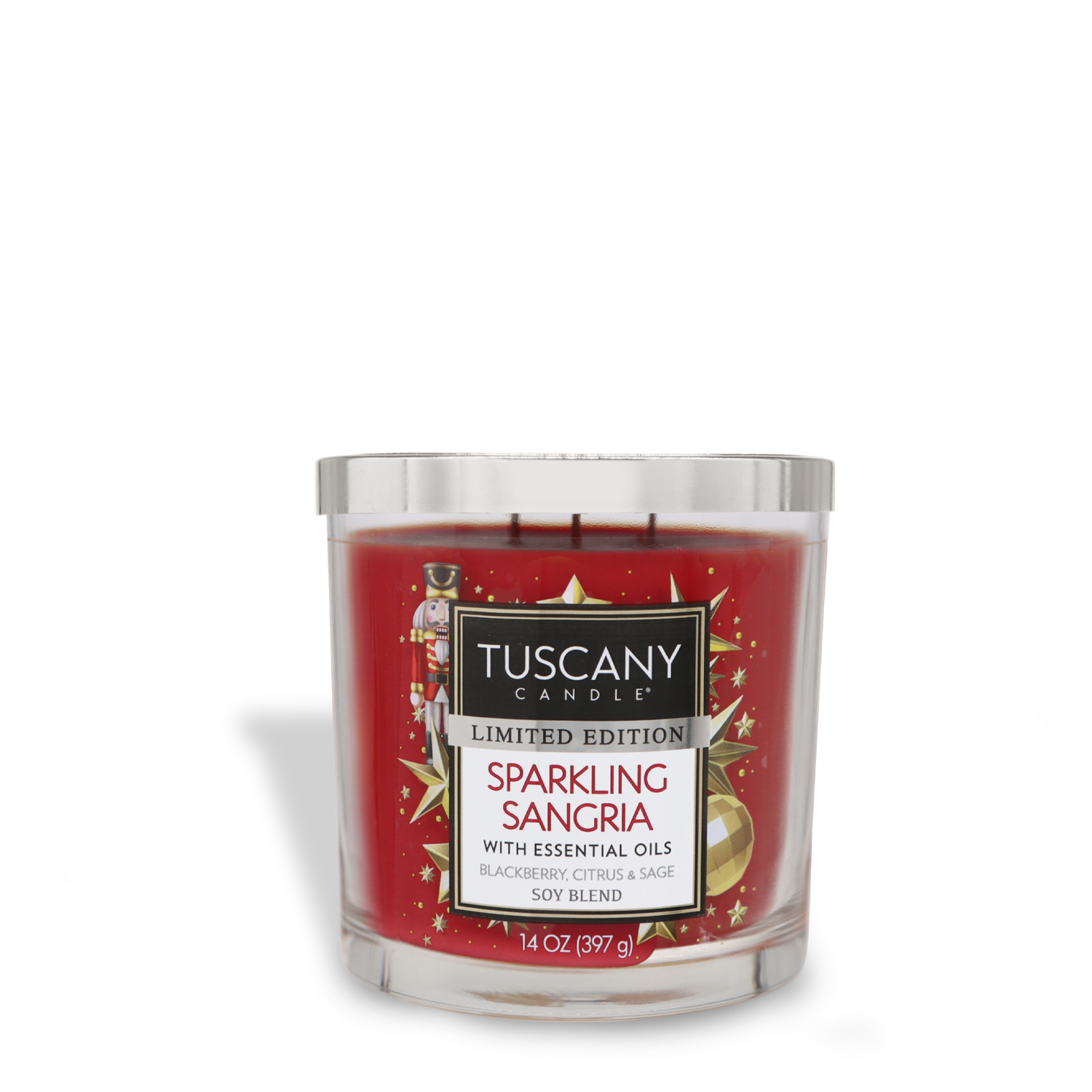 A 14 oz Sparkling Sangria Long-Lasting Scented Jar Candle by Tuscany Candle® SEASONAL, featuring notes of blackberry, citrus, and sage. This red candle is enclosed in a clear glass jar.