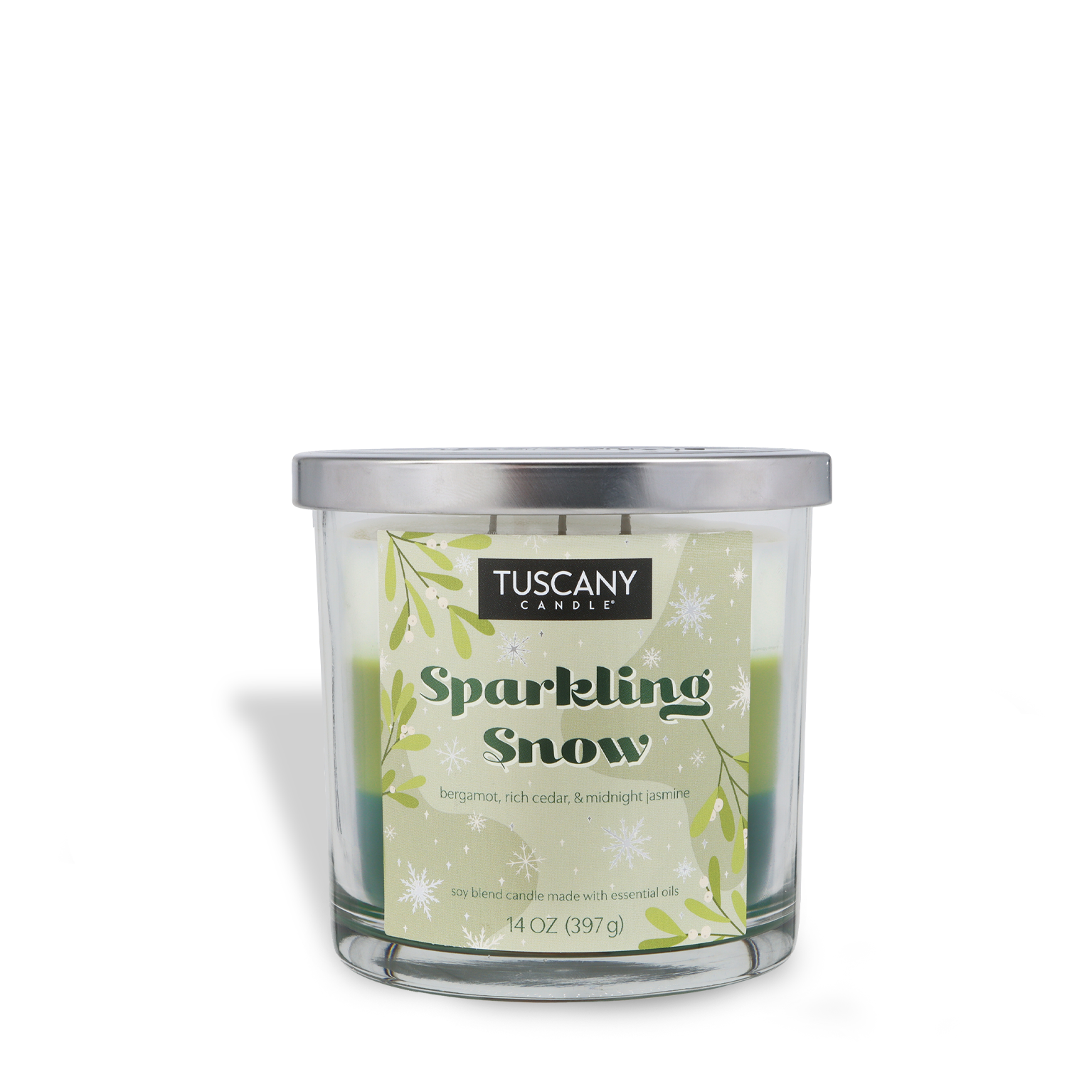 The Tuscany Candle® SEASONAL Sparkling Snow Scented Holiday Candle (14 oz) features bergamot, rich cedar, and midnight jasmine in a clear glass jar with a silver lid.
