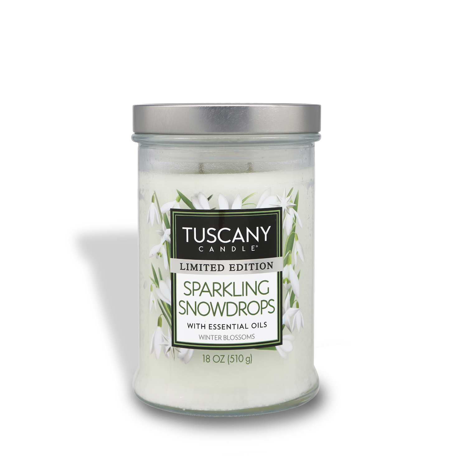 18oz Sparkling Snowdrops candle in a clear glass jar with a silver lid, featuring marbled white wax and two lead-free wicks, emitting the scent of frozen snow on white floral blossoms, ideal for a festive winter atmosphere.