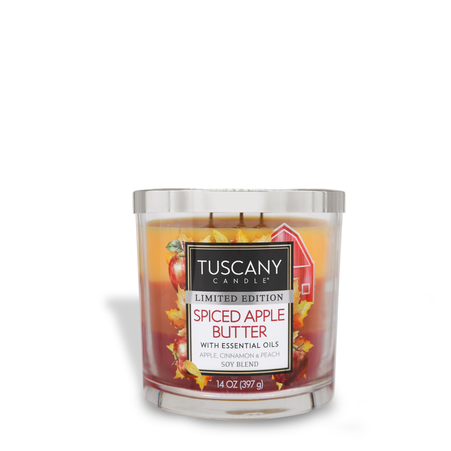 A 14 oz Tuscany Candle® SEASONAL Spiced Apple Butter Long-Lasting Scented Jar Candle features premium satin wax and essential oils with apple, cinnamon, and peach fragrance notes.