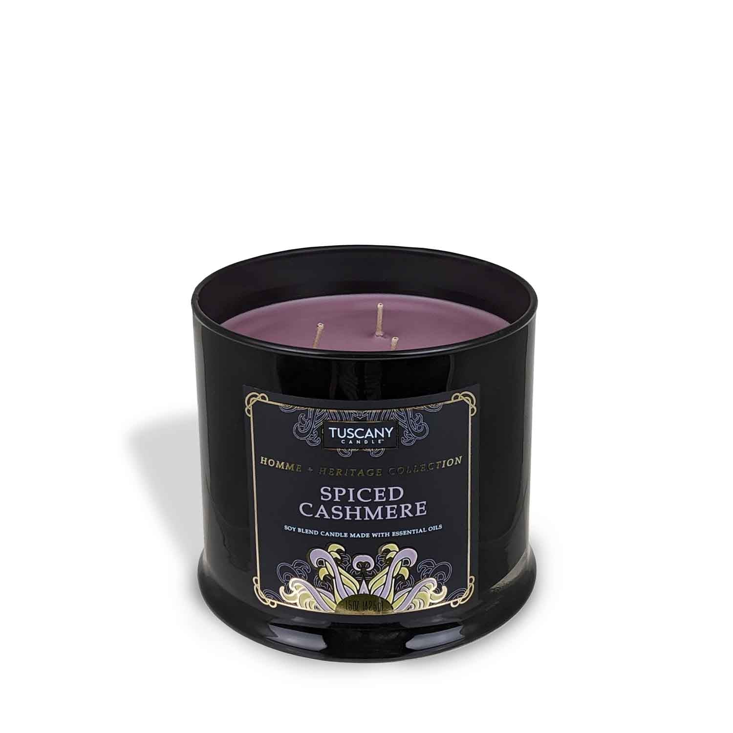 Spiced Cashmere scented candle with a touch of elegance from the Tuscany Candle Homme + Heritage Collection.