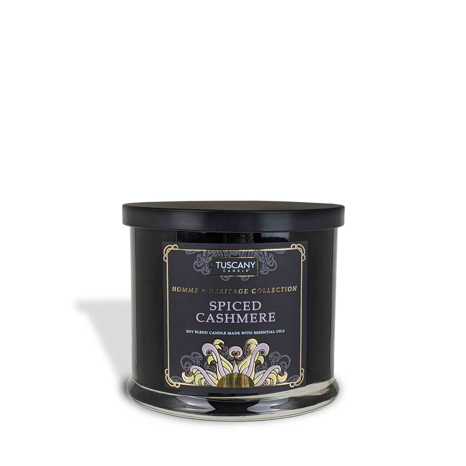 An elegant, Tuscany Candle Spiced Cashmere Scented Jar Candle (15 oz) – Homme + Heritage Collection in a black tin exuding a sense of masculinity on a serene white background.