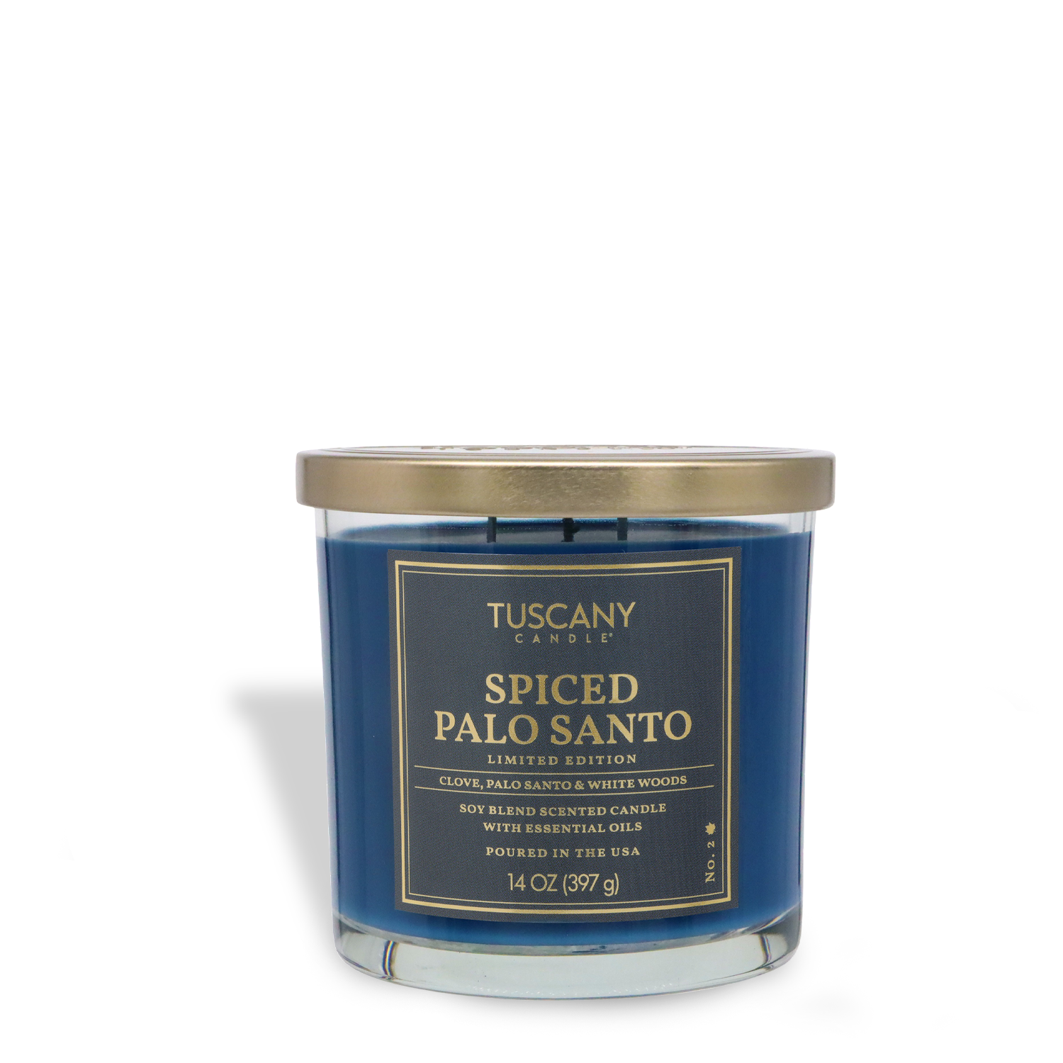 The Tuscany Candle® SEASONAL Spiced Palo Santo: Patchouli & Clove Scented Fall Candle is a limited edition 14 oz blue jar with soy blend wax and a gold lid.