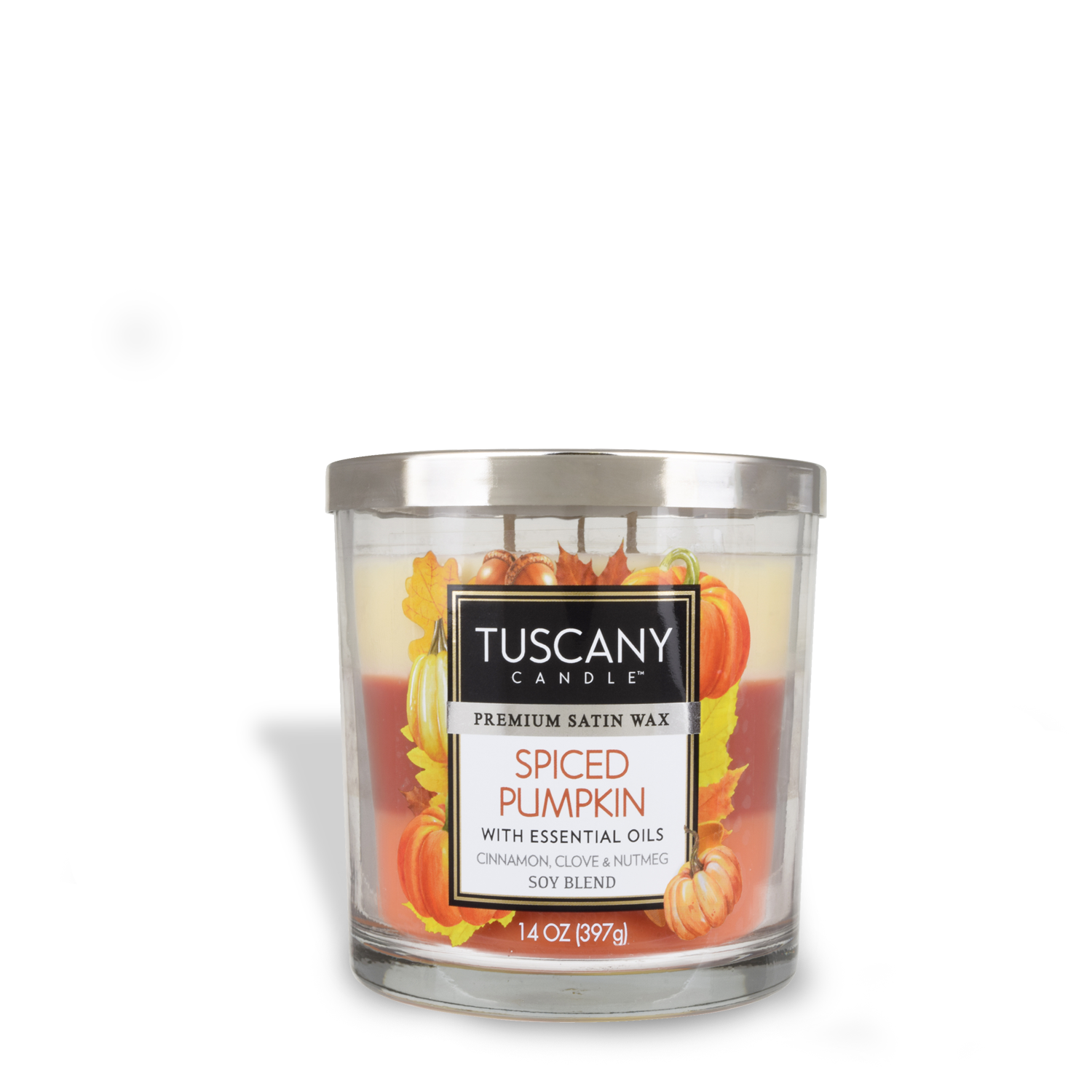 A fragrant Spiced Pumpkin Long-Lasting Scented Jar Candle (14 oz) by Tuscany Candle on a white background.