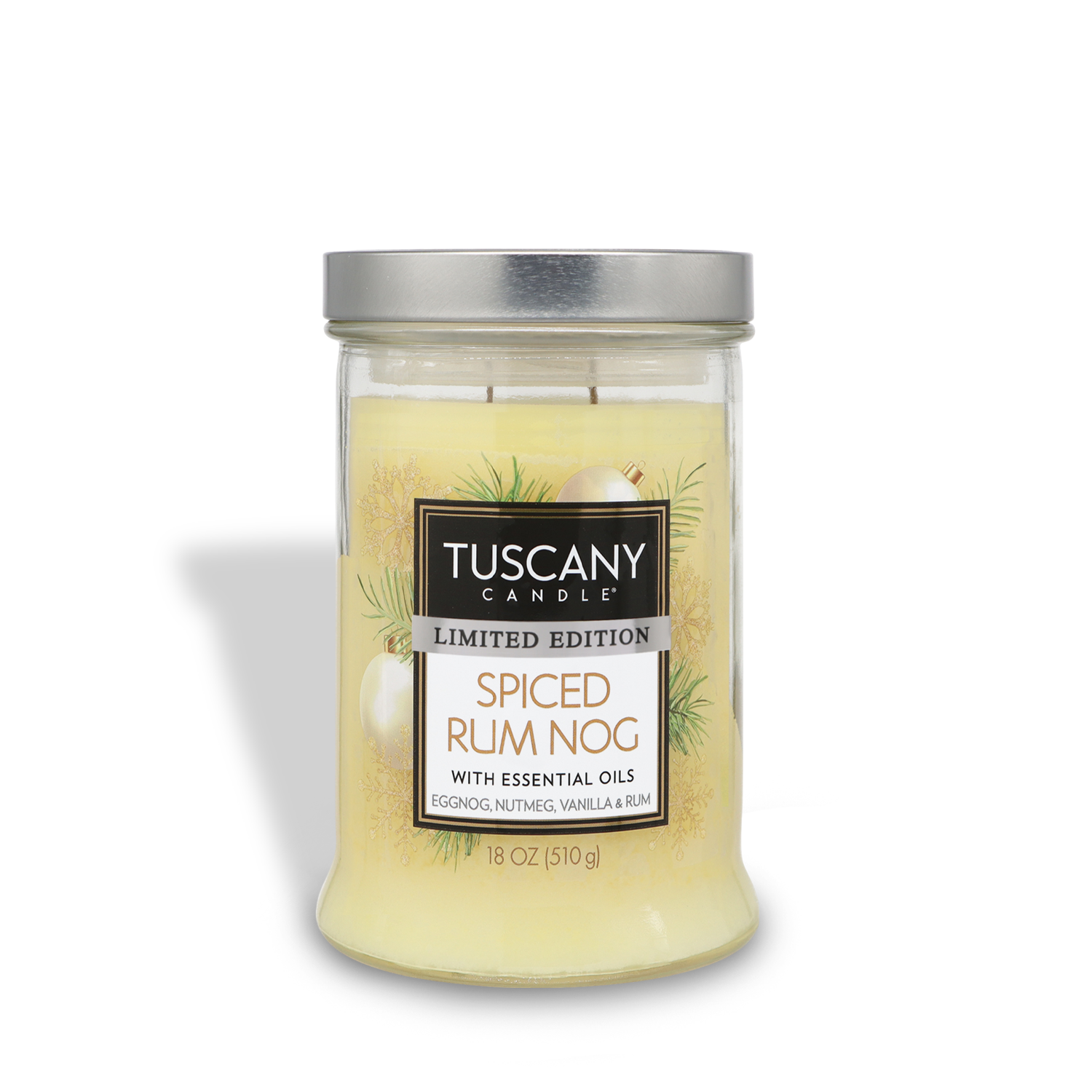 A Tuscany Candle® SEASONAL labeled "Spiced Rum Nog Long-Lasting Scented Jar Candle (18 oz)," featuring essential oils, a beige wax, and a silver lid. The candle includes scents of eggnog, nutmeg, vanilla, and rum.