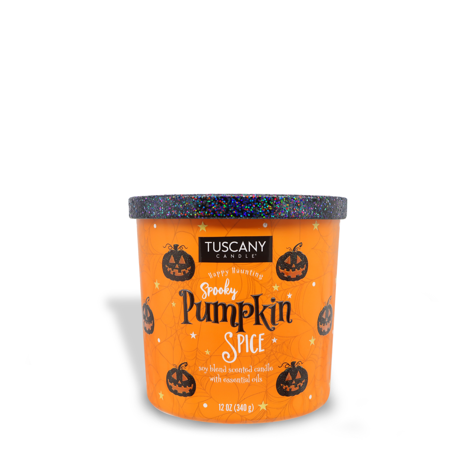 An orange candle with a black glitter lid labeled "Tuscany Candle® SEASONAL Spooky Pumpkin Spice Long-Lasting Scented Jar Candle (12 oz)," featuring Halloween-themed designs of pumpkins and stars. Crafted from premium satin wax, this 12 oz / 340 g scented jar candle delivers enchanting fragrance notes perfect for the spooky season.