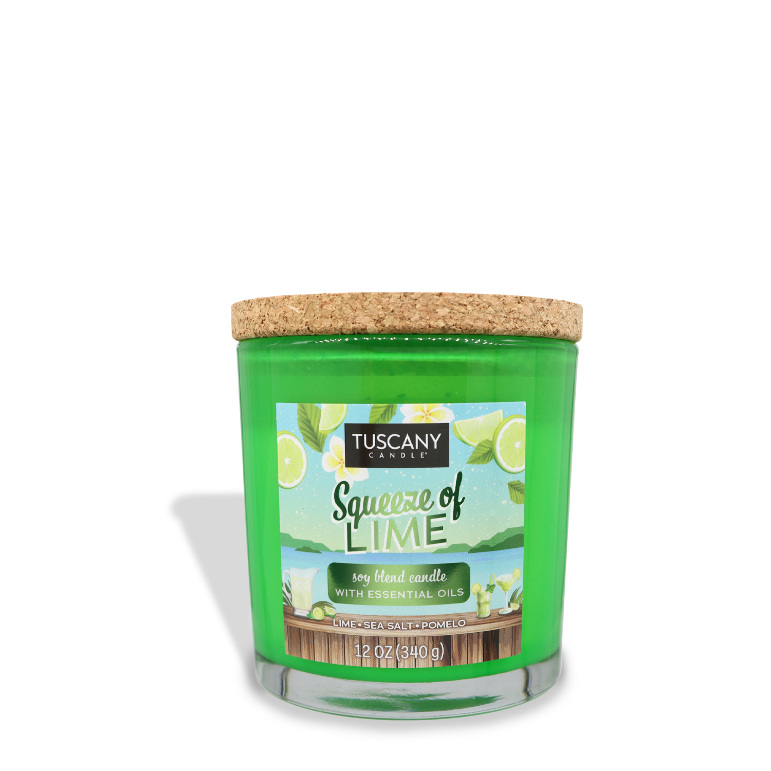 A green Tuscany Candle® SEASONAL with a cork lid, labeled "Squeeze of Lime (12 oz) – Sunset Beach Bar Collection," 12 oz (340g), containing a soy blend candle with essential oils. Experience the citrusy splash of lime and sea-salted pomelo for a refreshing beachside escape.