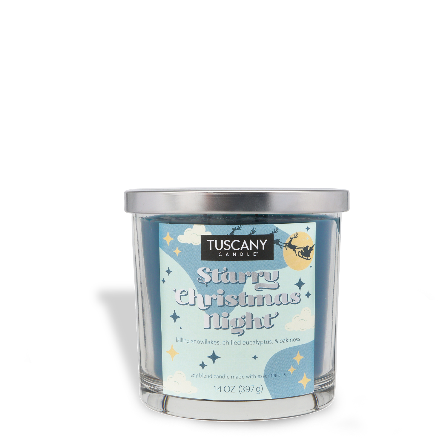 The Tuscany Candle® SEASONAL Starry Christmas Night Scented Holiday Candle (14 oz) features a festive sky design, a silver lid, and scent notes of snowflakes, eucalyptus, and oakmoss.