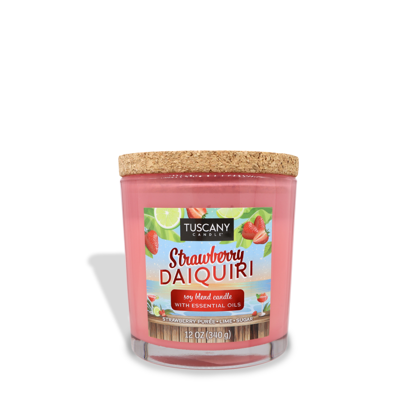 A pink, 12 oz Tuscany Candle® SEASONAL tropical candle labeled "Strawberry Daiquiri (12 oz) – Sunset Beach Bar Collection," with essential oils, and a cork lid. The label features images of sugared strawberries and limes.