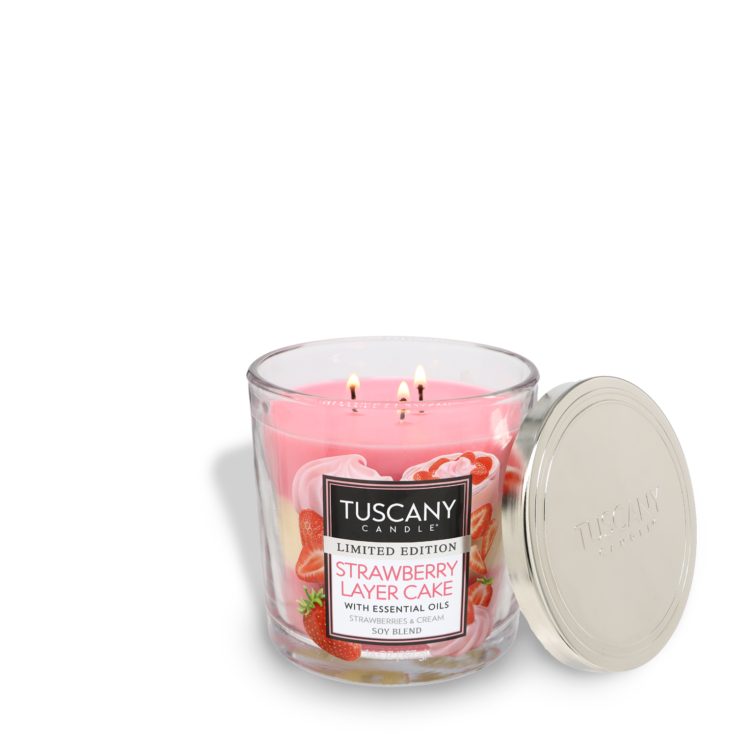 A Strawberry Layer Cake fragrance notes candle in a jar by Tuscany Candle® SEASONAL.