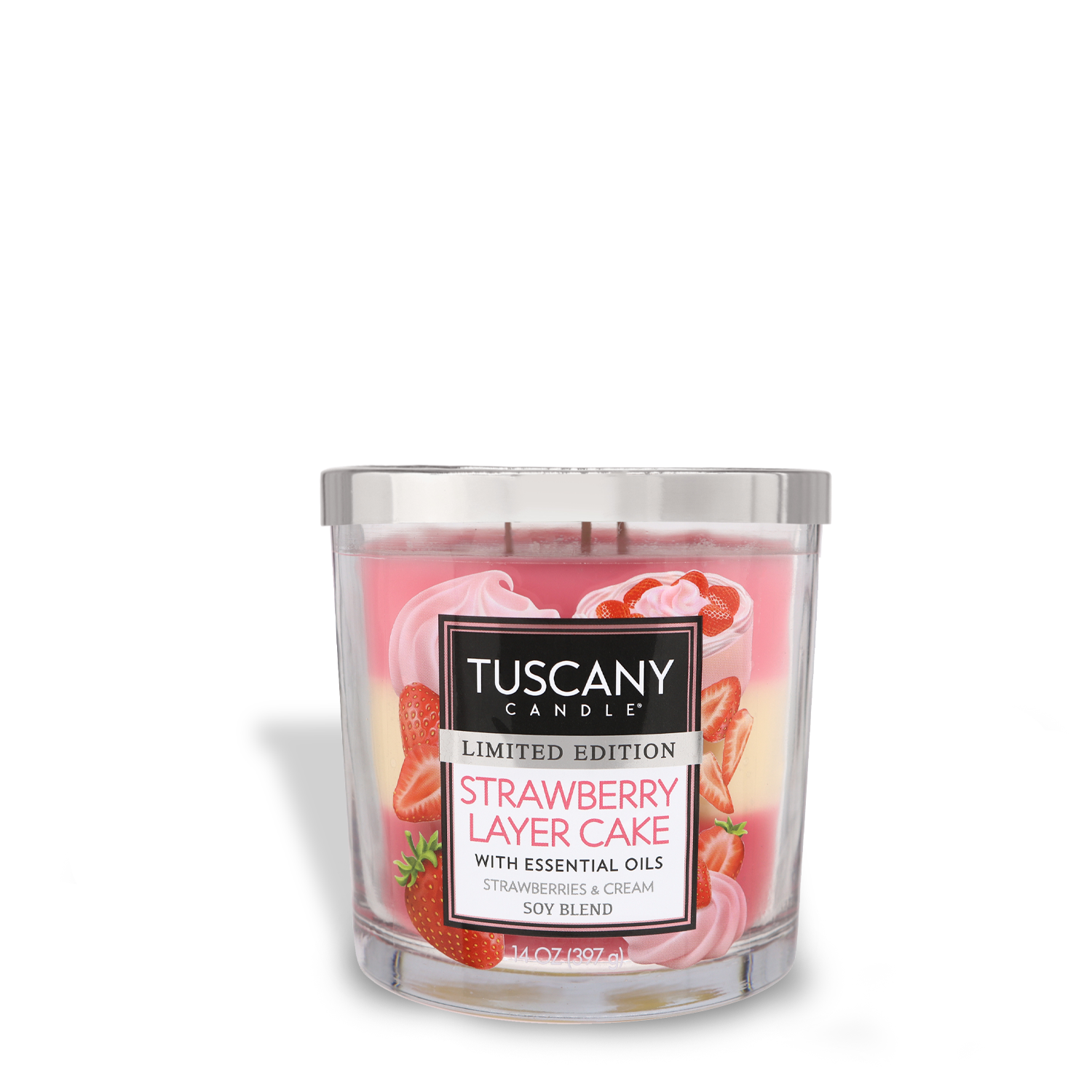 Tuscany Candle® SEASONAL Strawberry Layer Cake Long-Lasting Scented Jar Candle (14 oz) with cherry blossom essential oils.