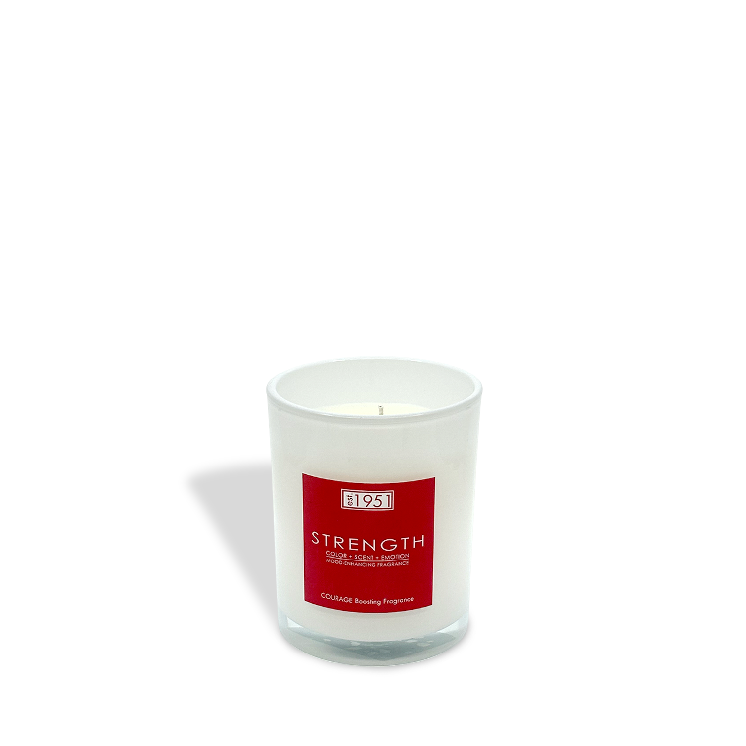 The est.1951 Strength (8oz) candle features a white, energizing wax in a glass jar with a red "STRENGTH" and "COURAGE" label, set against a white background, offering a motivational fragrance to lift your spirits.