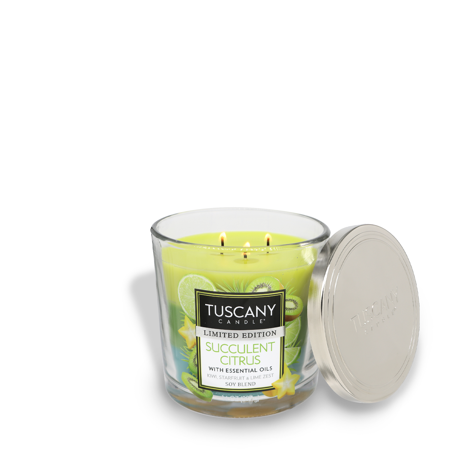 A Tuscany Candle® SEASONAL Succulent Citrus Long-Lasting Scented Jar Candle (14 oz) in a glass jar with its metal lid removed.