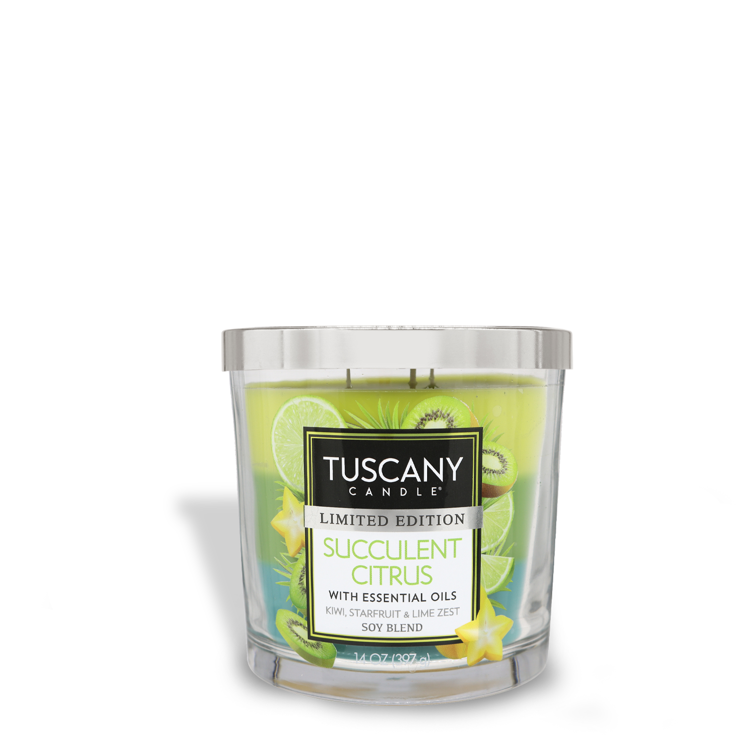 A Tuscany Candle® SEASONAL limited edition "Succulent Citrus" scented candle with essential oils, featuring a blend of kiwi, strawberry, and lime zest.