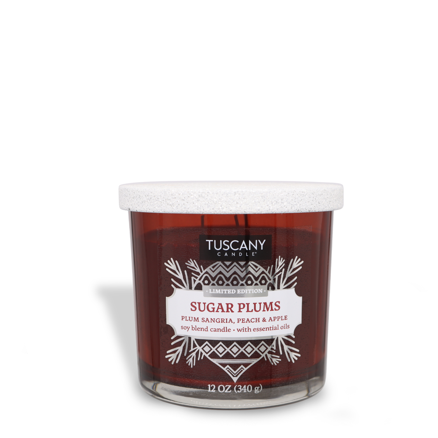 A 12 oz Tuscany Candle® SEASONAL labeled "Sugar Plums," featuring scents of plum sangria, peach, and apple. The candle is presented in a clear container with a white lid.