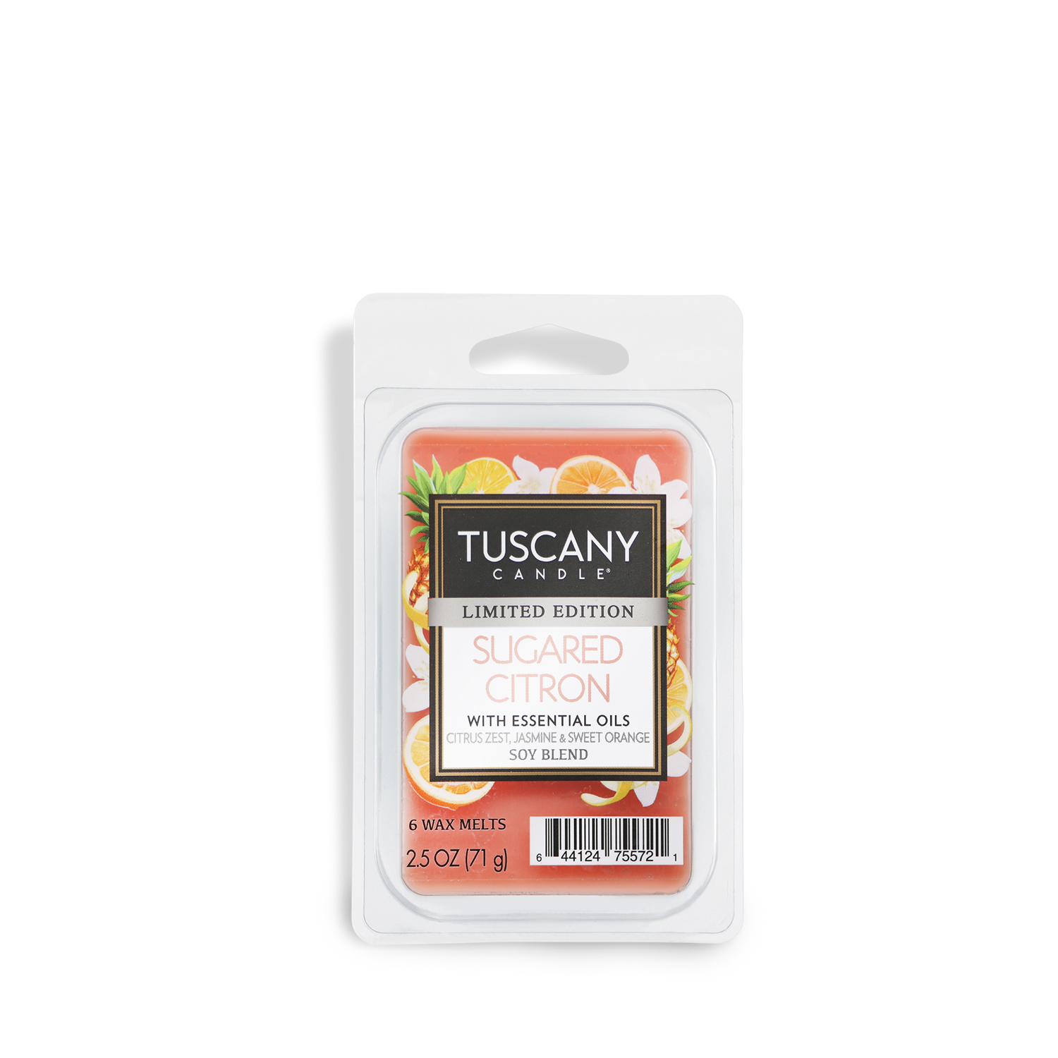 Tuscany Candle® SEASONAL Sugared Citron: Sweet Melon Scented Spring Wax Melt, 2.5 oz with citrus slice imagery, contains essential oils and includes 6 wax melts.