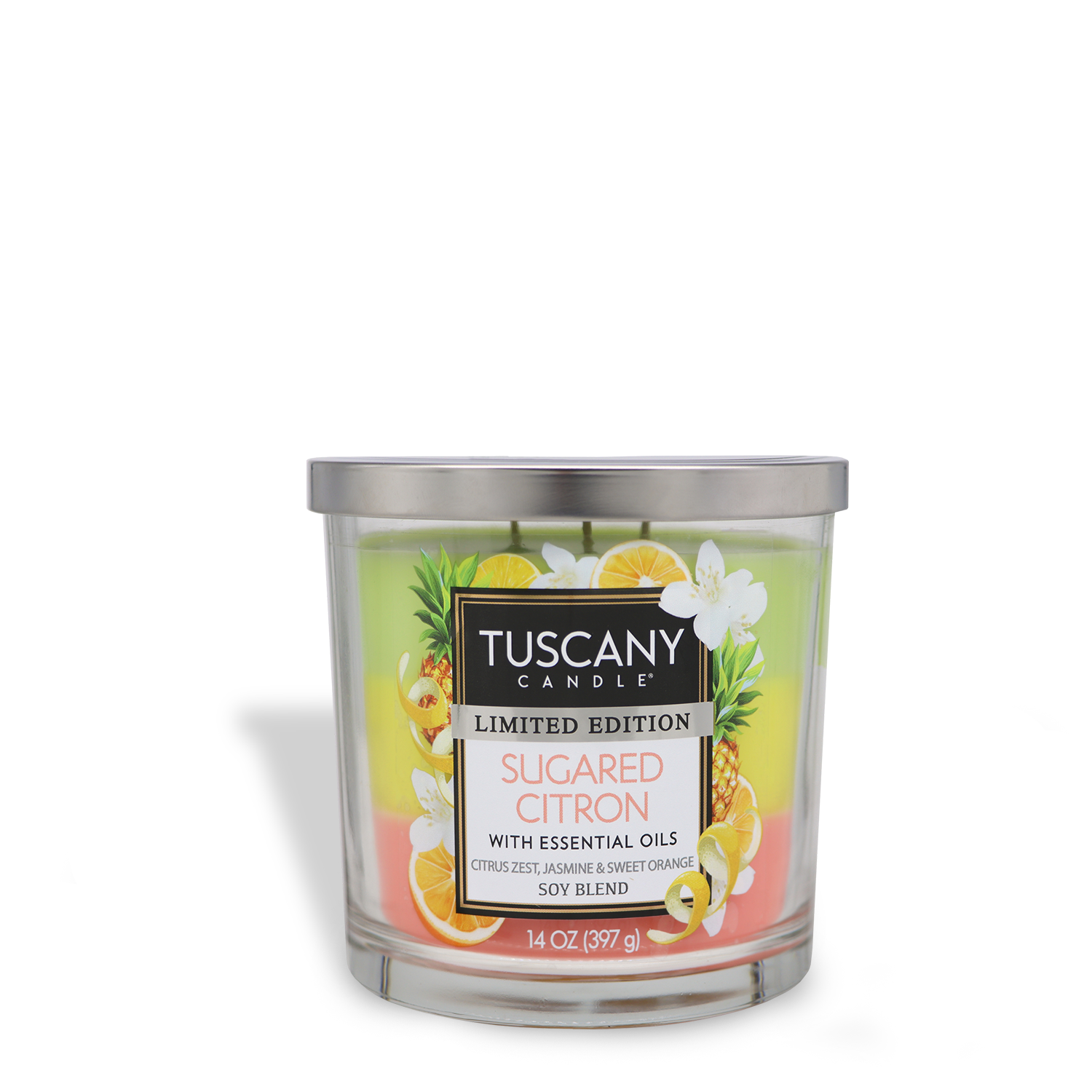 A 14 oz Tuscany Candle® SEASONAL "Sugared Citron: Sweet Melon Scented Spring Candle" features citrus and white flowers on the label. It is a limited edition soy blend with essential oils.