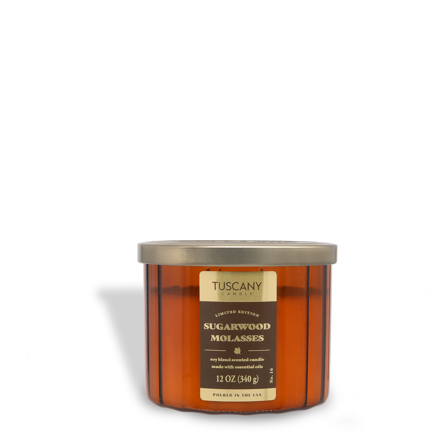 A 12 oz Tuscany Candle® SEASONAL Sugarwood Molasses: Maple & Chestnut Scented Fall Candle in a brown glass jar with a gold lid is displayed against a white background.